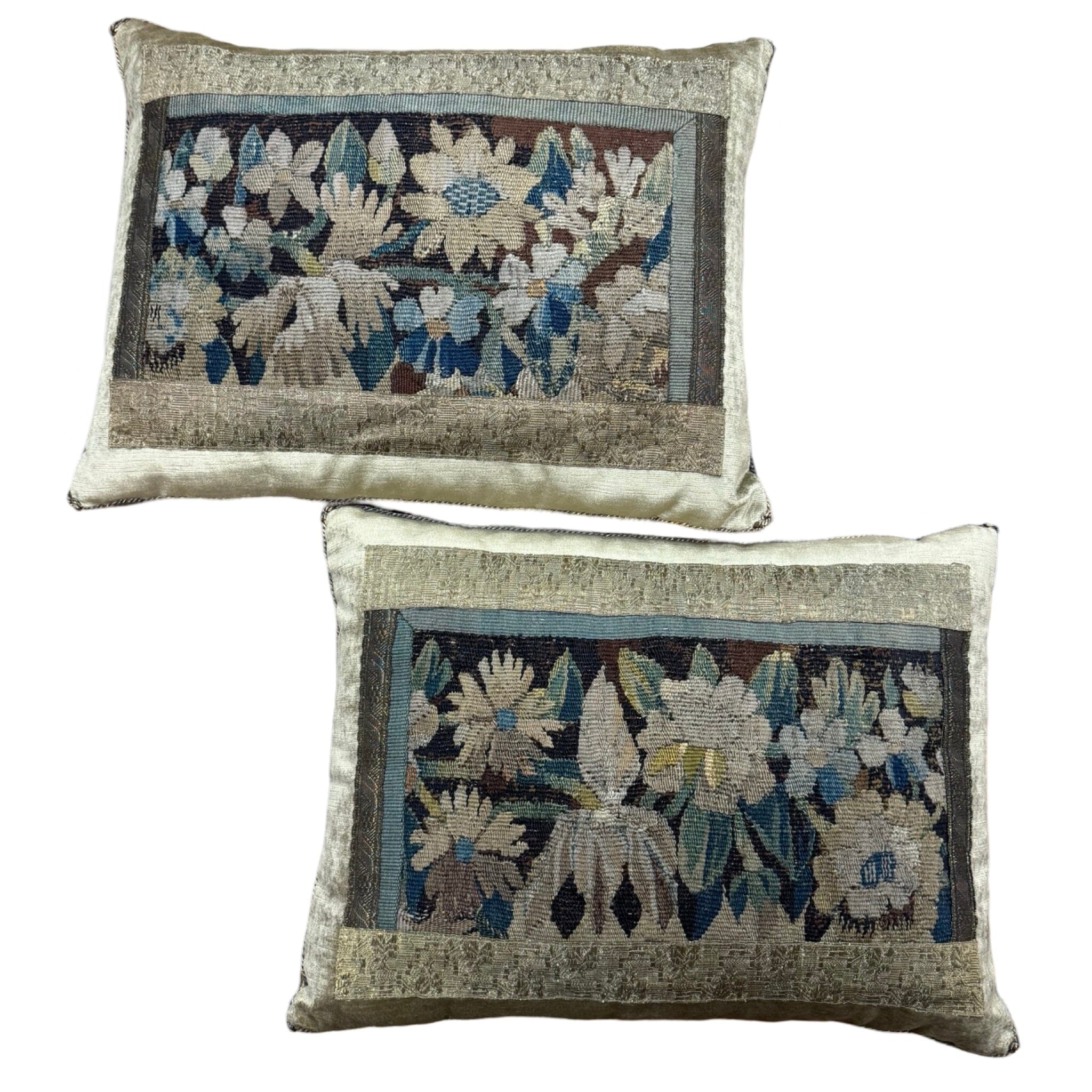 17th Century Flemish Tapestry Fragment on Antique Brass Velvet (#T101524A&B | 15 1/2 x 20") Pillow Pair B. Viz Design