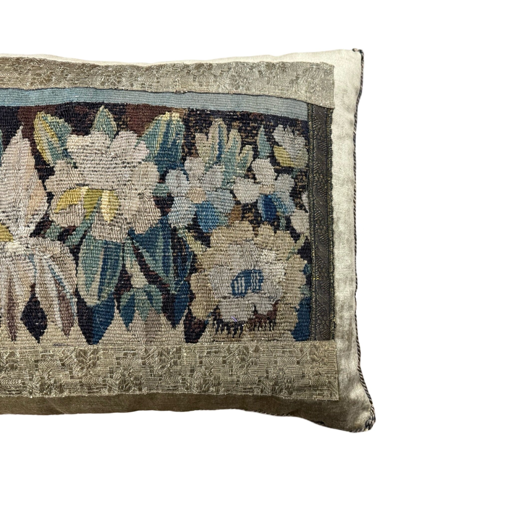 17th Century Flemish Tapestry Fragment on Antique Brass Velvet (#T101524A&B | 15 1/2 x 20") Pillow Pair B. Viz Design