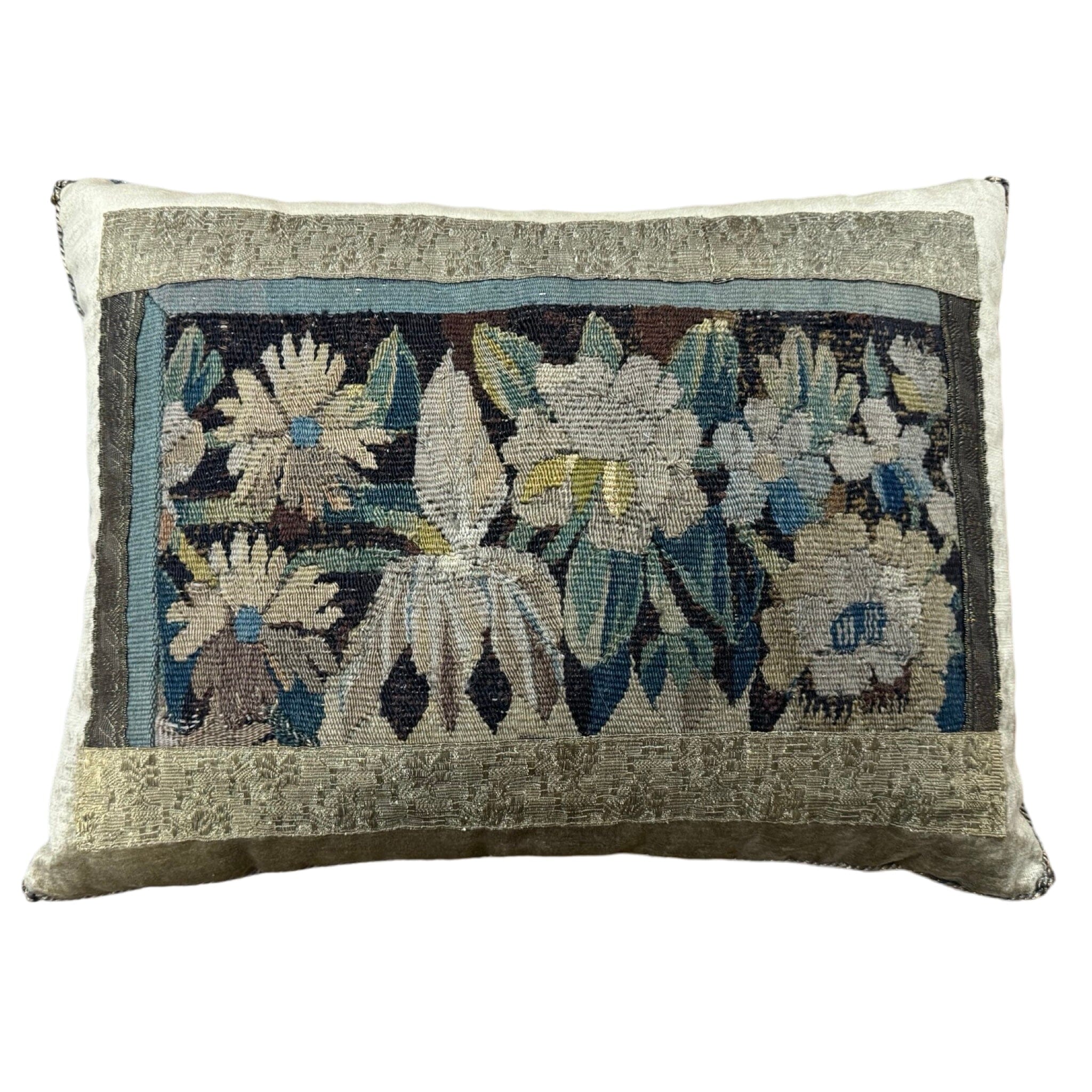 17th Century Flemish Tapestry Fragment on Antique Brass Velvet (#T101524A&B | 15 1/2 x 20") Pillow Pair B. Viz Design B
