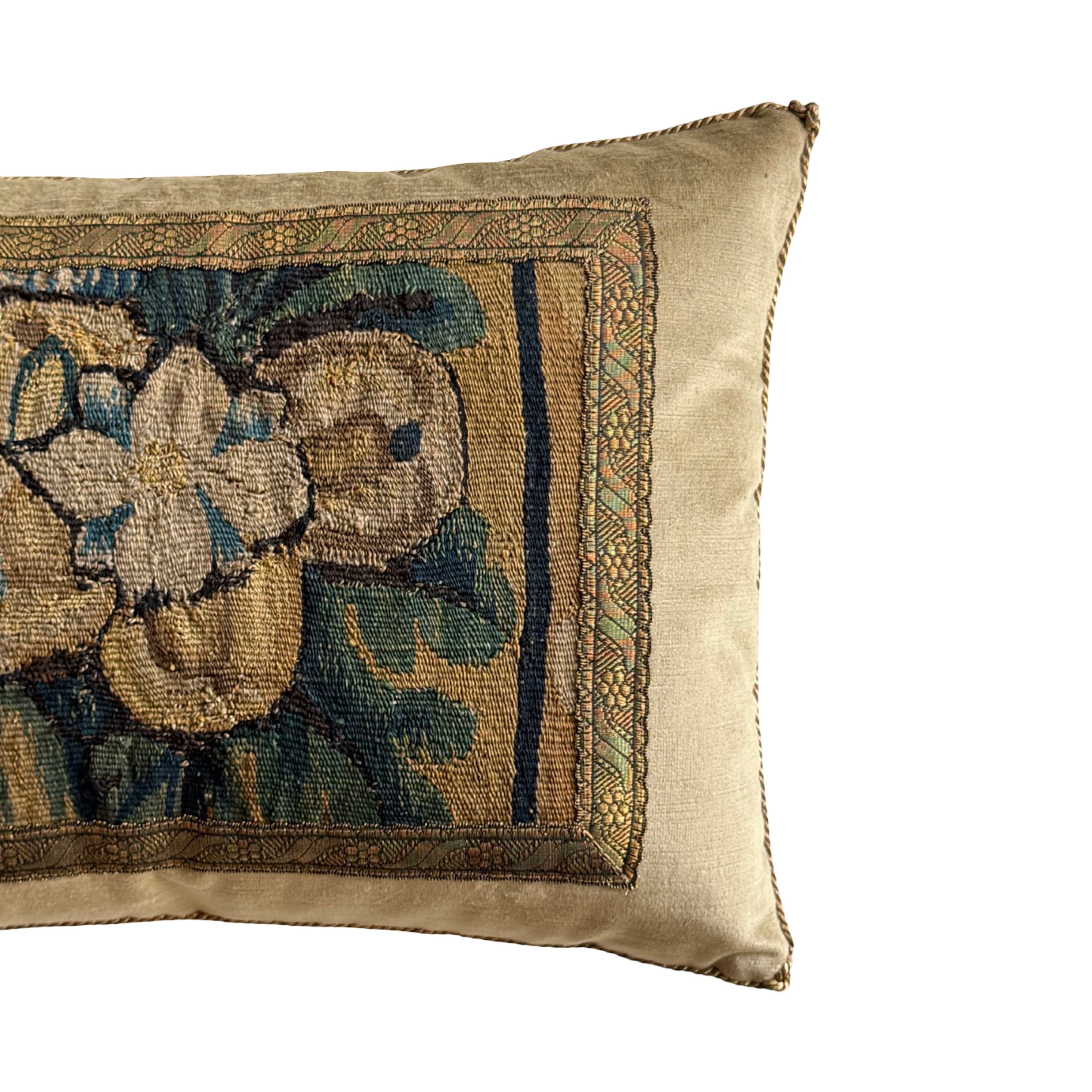 17th Century Tapestry Fragment on Antique Brass Velvet (#T031126 | 13 1/2 x 19") New Pillows B. Viz Design