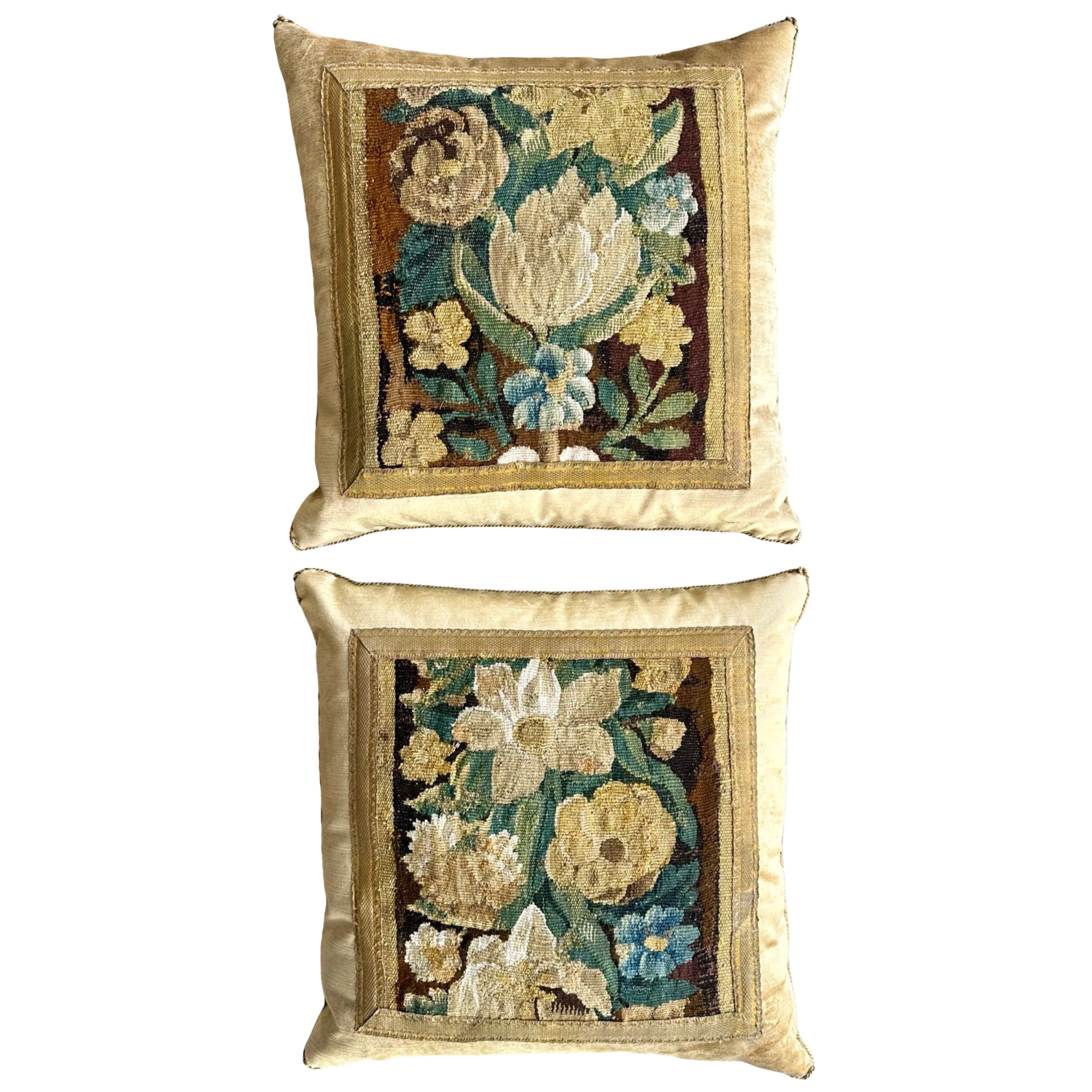 18th C. European Floral Tapestry Fragment on Tawny Velvet (#T051825A | 21" x 21") New Pillows B. Viz Design
