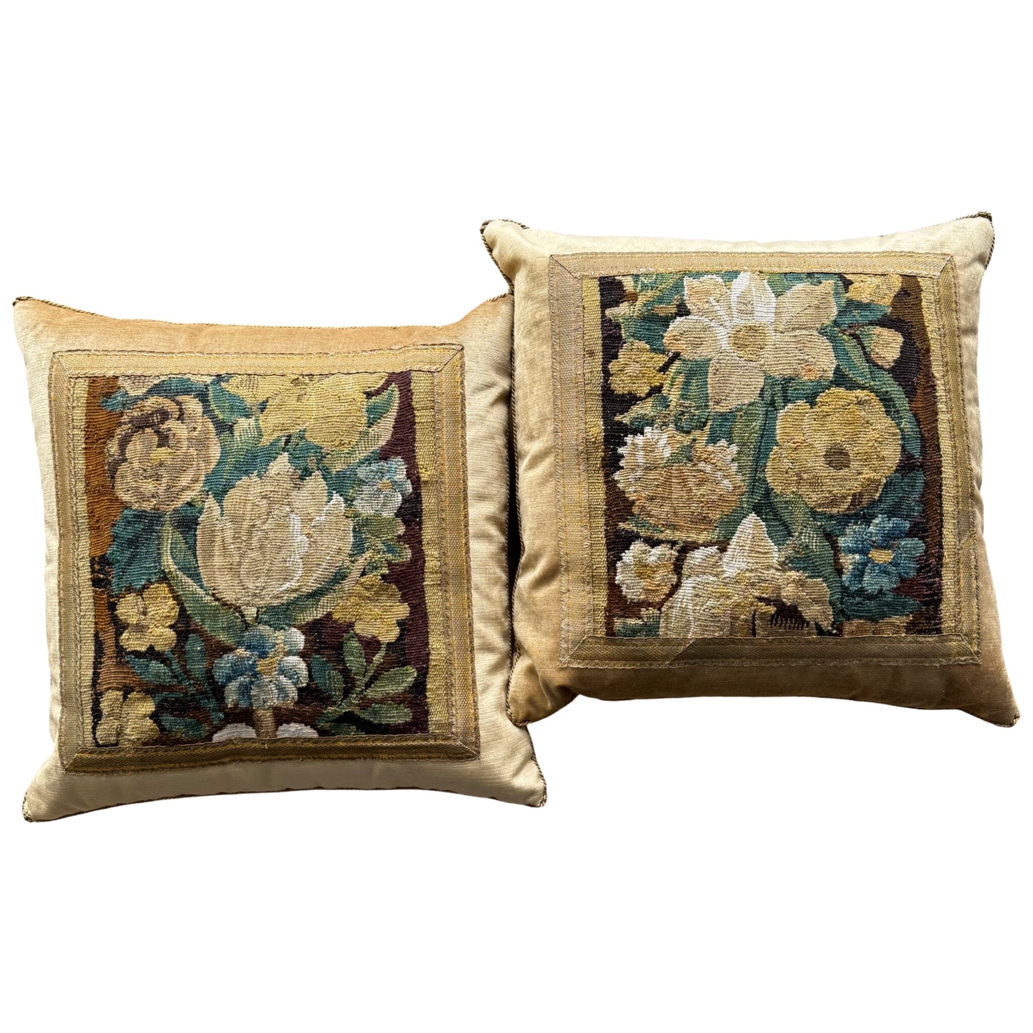 18th C. European Floral Tapestry Fragment on Tawny Velvet (#T051825A&B | 21" x 21") New Pillows B. Viz Design
