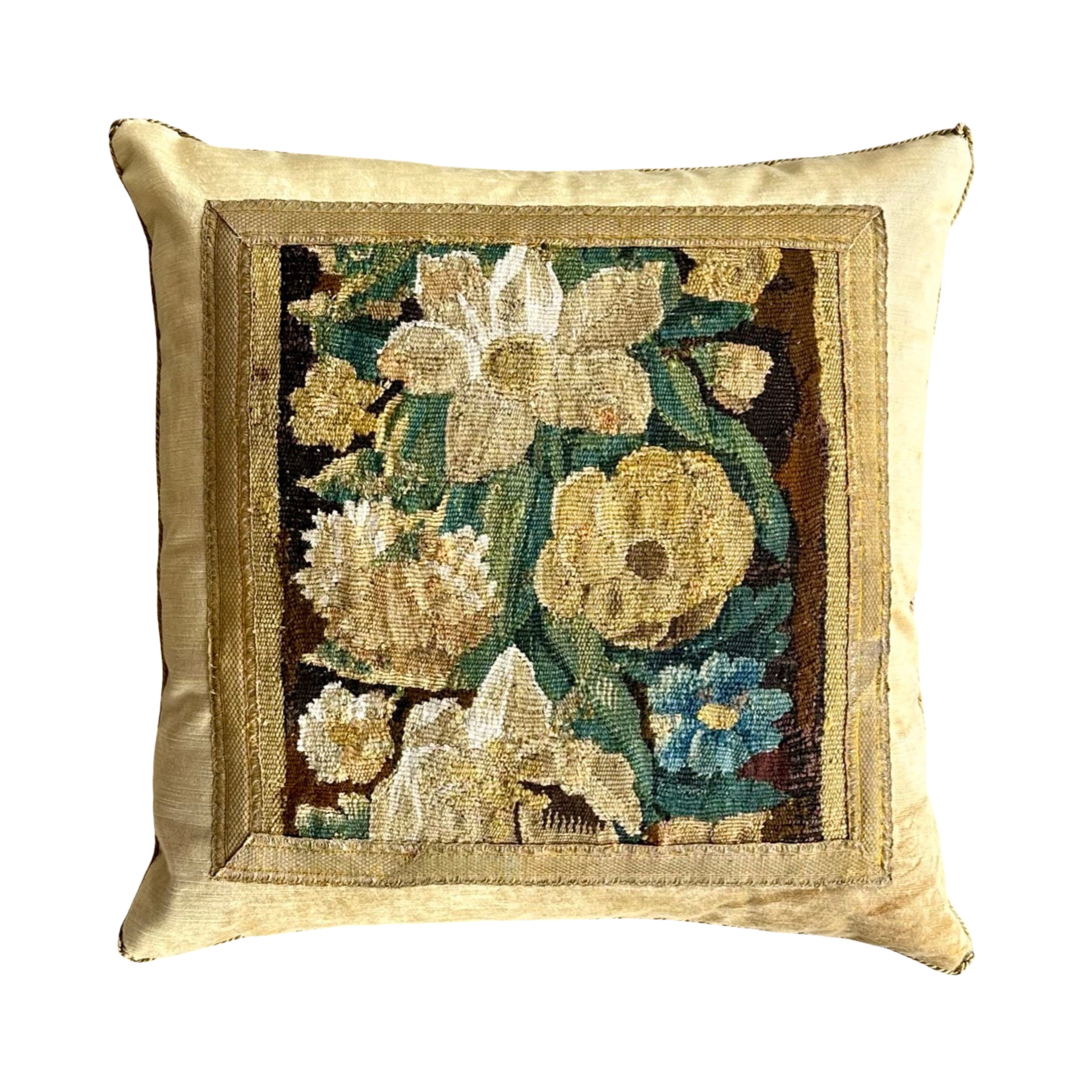 18th C. European Floral Tapestry Fragment on Tawny Velvet (#T051825B | 21" x 21") New Pillows B. Viz Design