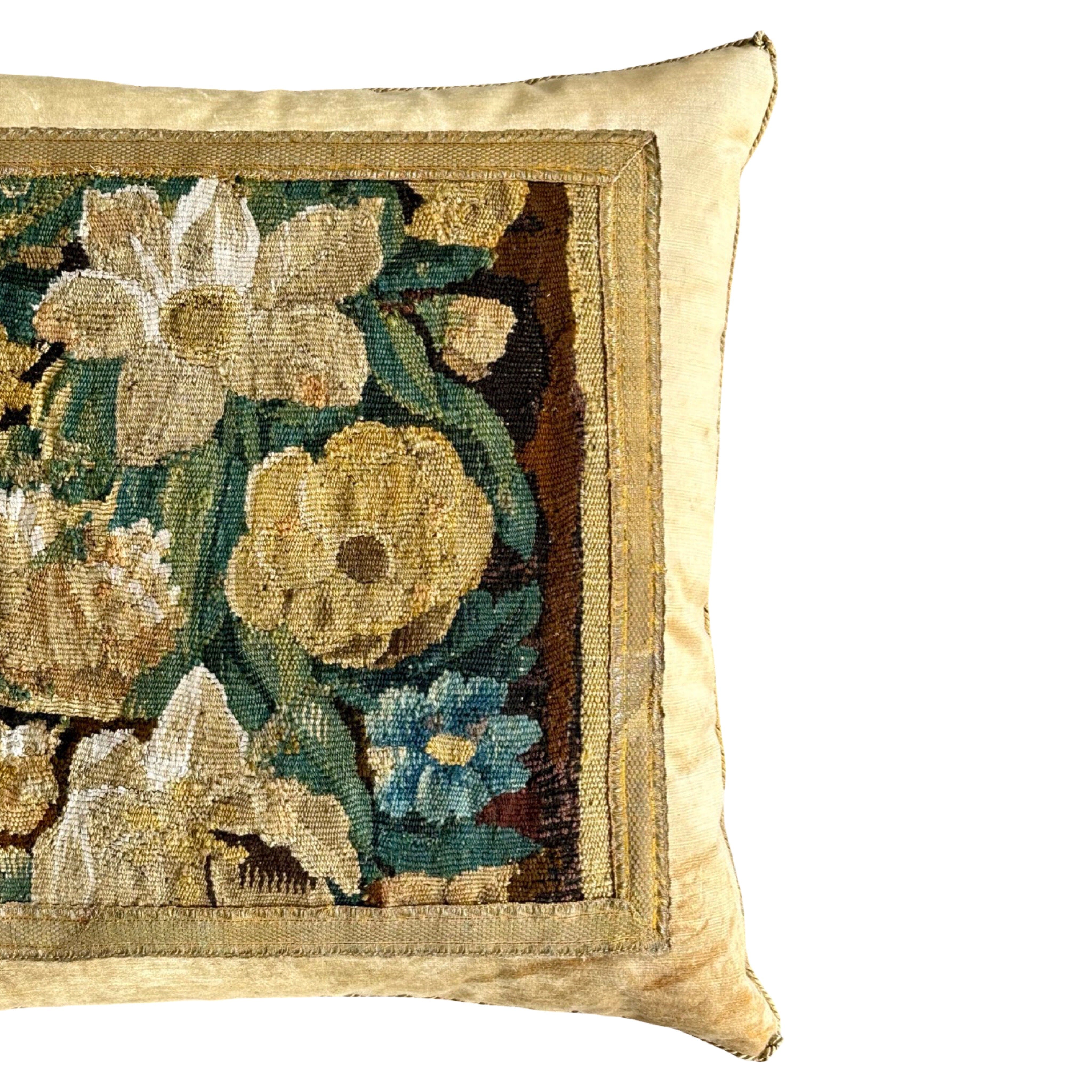 18th C. European Floral Tapestry Fragment on Tawny Velvet (#T051825B | 21" x 21") New Pillows B. Viz Design