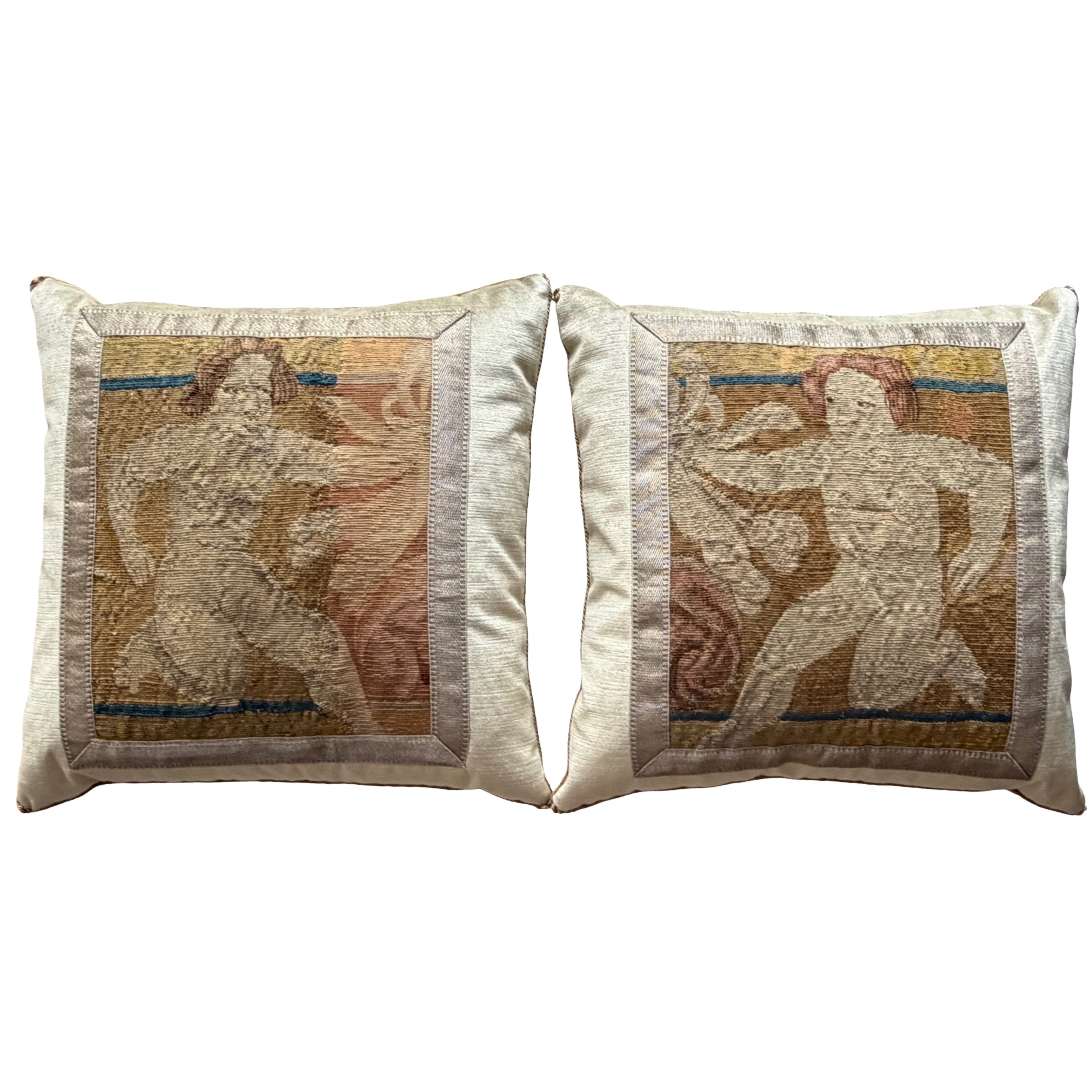 18th Century Tapestry Fragment on Taupe Velvet (#T011026A&B | 21 x 21") New Pillows B. Viz Design