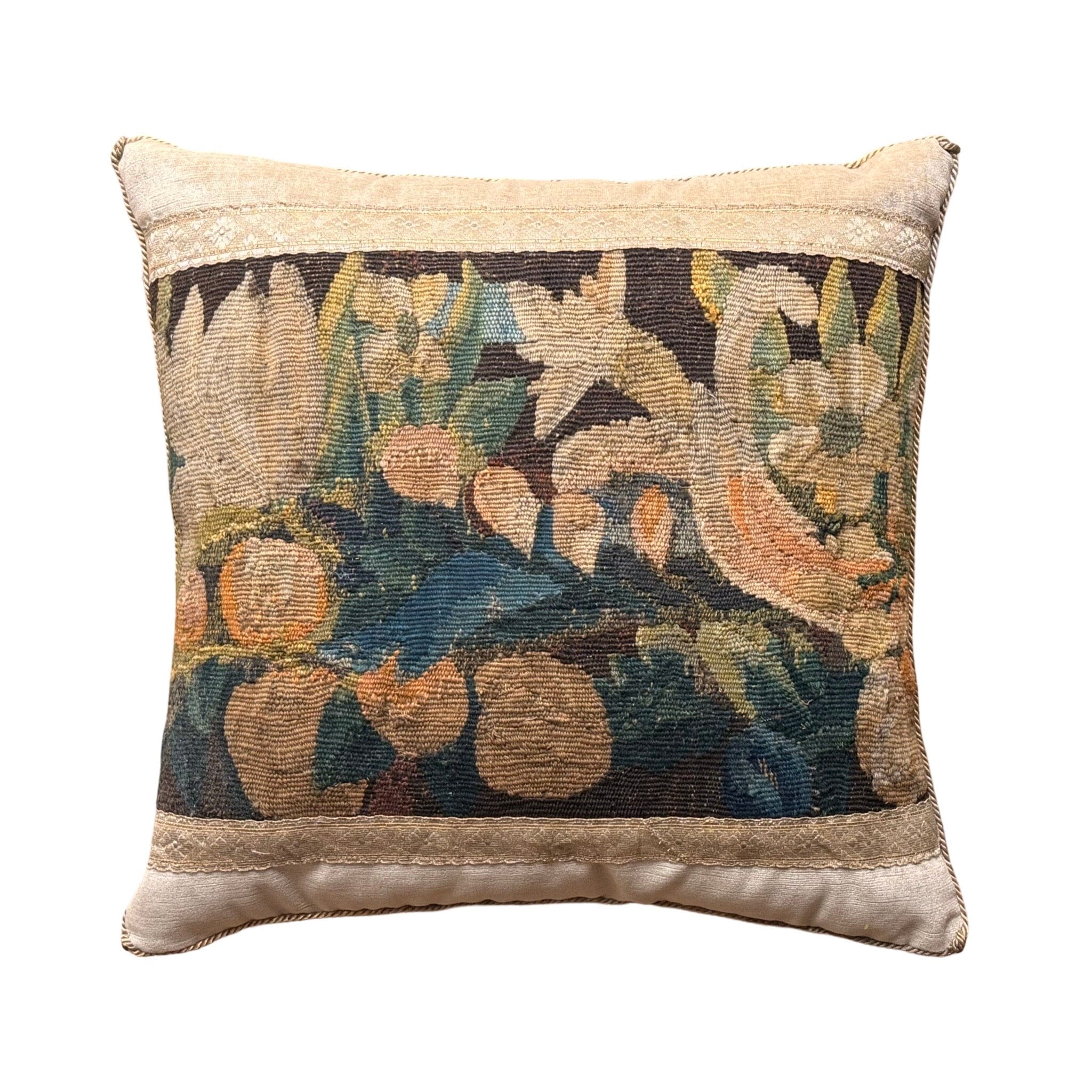 18th Century Tapestry Fragment on Taupe Velvet (#T071924 | 18 x 19") New Pillows B. Viz Design