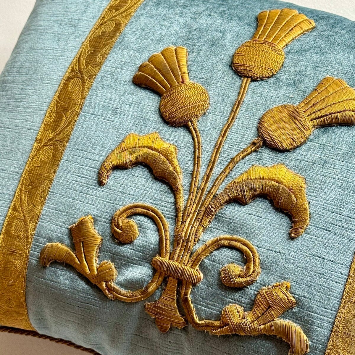 19th C. European Raised Gold Metallic Embroidery of Thistles (#E042624A&B) | 13 x 18" New Pillows B. Viz Design