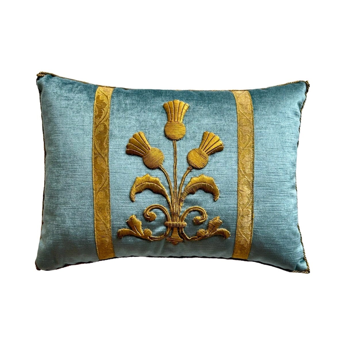 19th C. European Raised Gold Metallic Embroidery of Thistles (#E042624A&B) | 13 x 18" New Pillows B. Viz Design