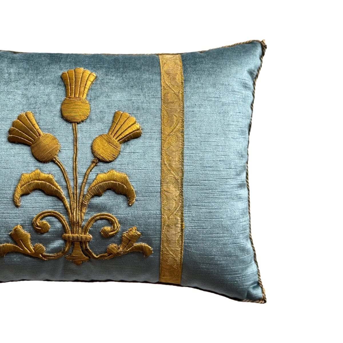 19th C. European Raised Gold Metallic Embroidery of Thistles (#E042624A&B) | 13 x 18" New Pillows B. Viz Design