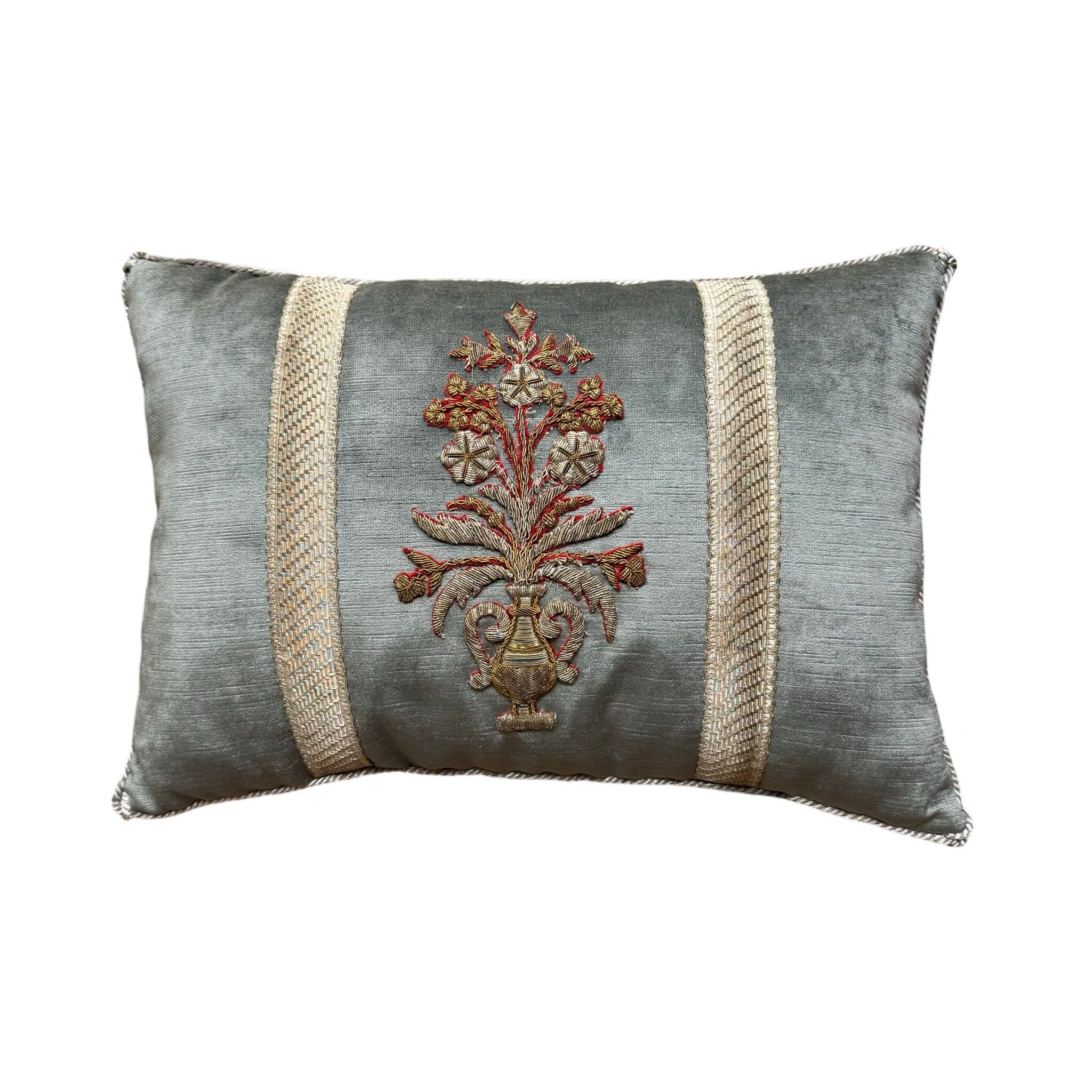 19th C. European Raised Silver and Gold Metallic Embroidery (#E080124 | 12 x 17") New Pillows B. Viz Design