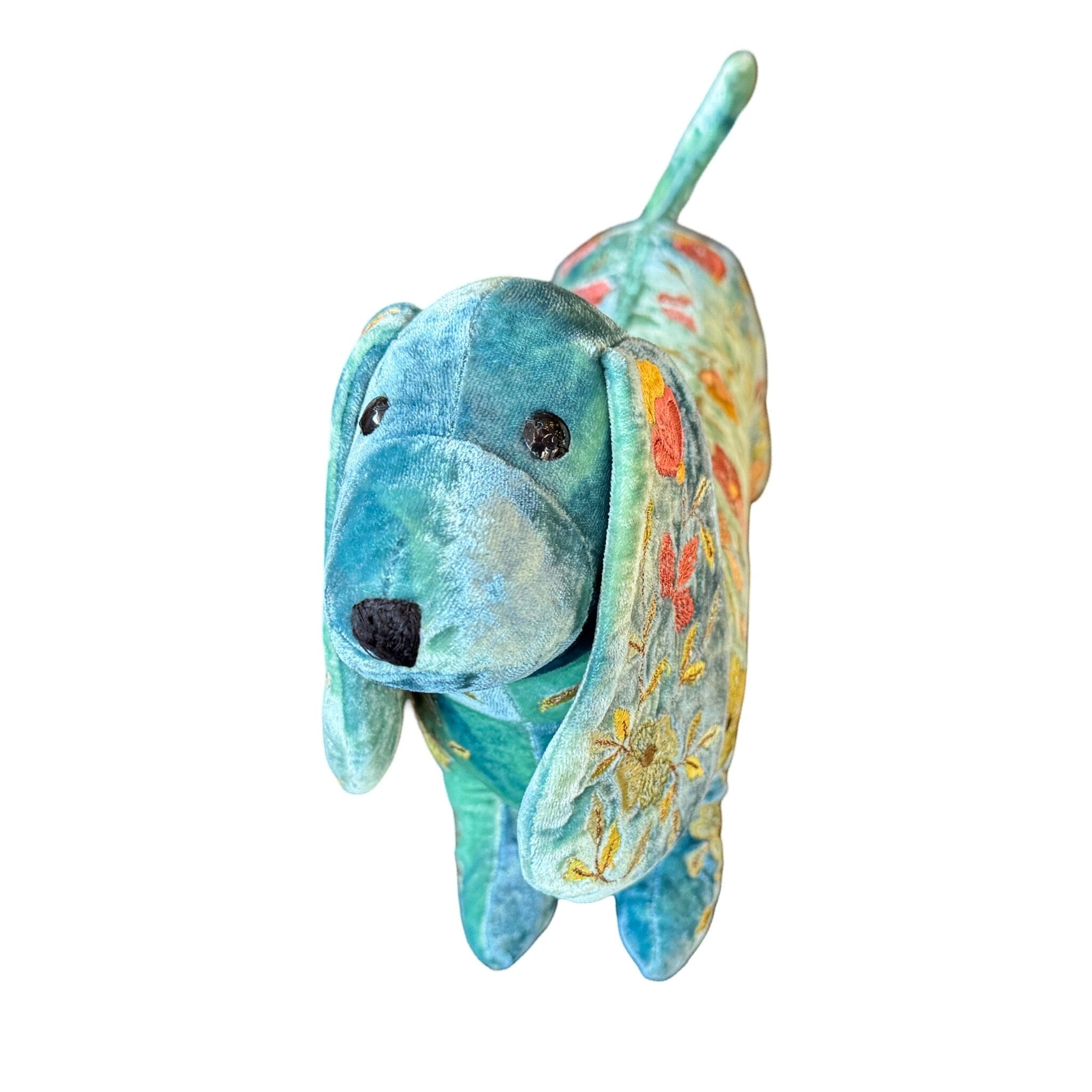 ABBY Hand Embroidered Silk Velvet Shaded Lagoon Dachshund Objet d'Art Anke Drechsel