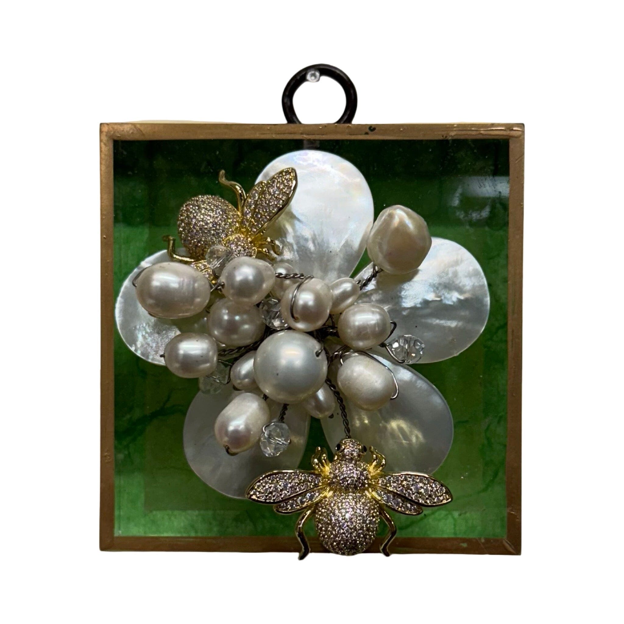 Acrylic Frame with Mother of Pearl Flower with Bedazzled Bees/Slight Imperfections | 3 x 3 x 1" Objet d'Art Museum Bees