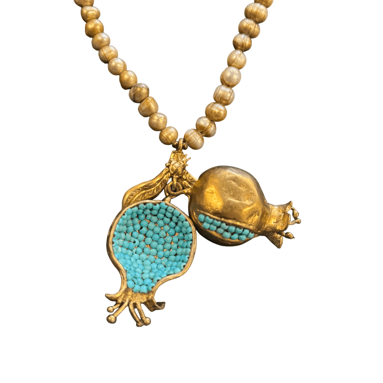 Aged Pearl Necklace with Turquoise Seed Split Pomegranate Pendant Necklace Eyup Gunduz