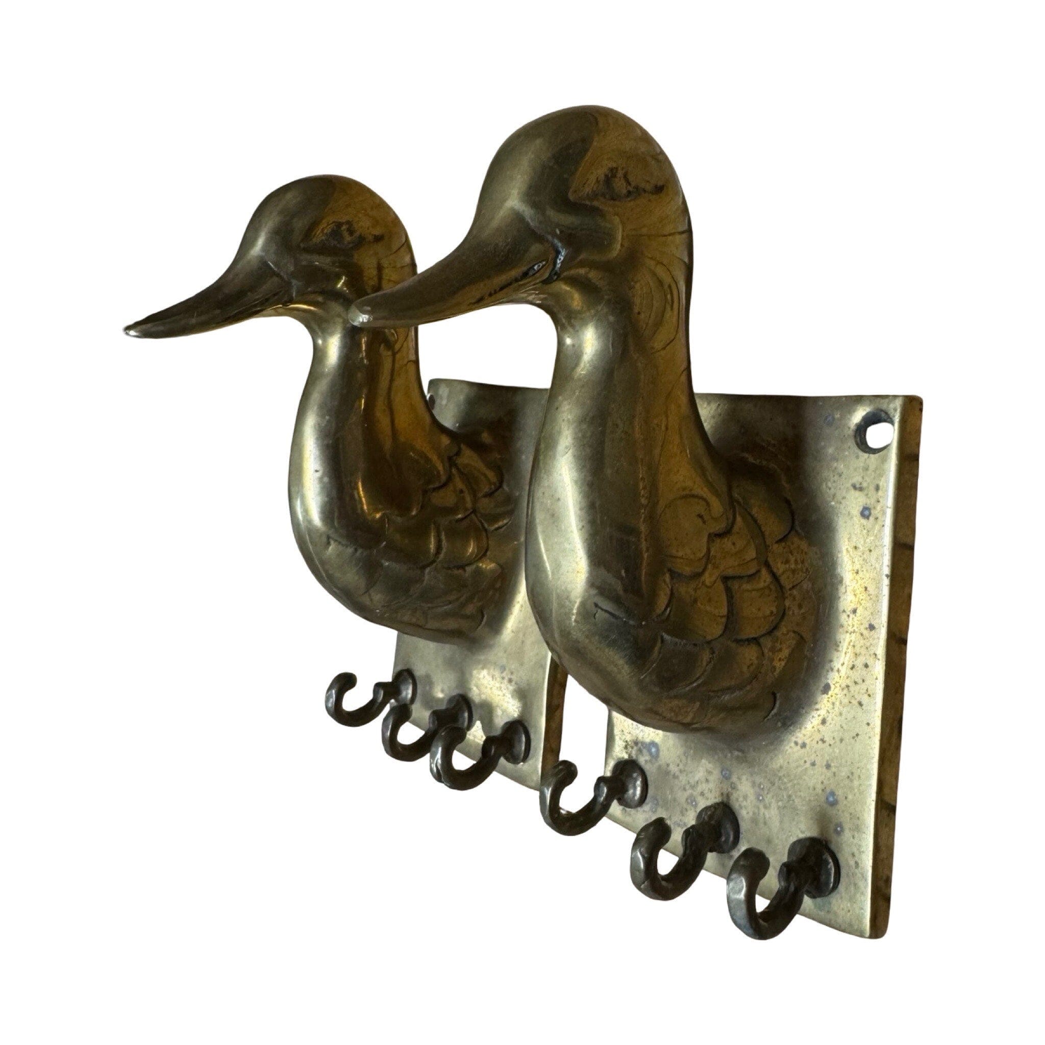 Antique Brass Duck Wall Decor with Three Hooks Objet d'Art Farrar Crigler