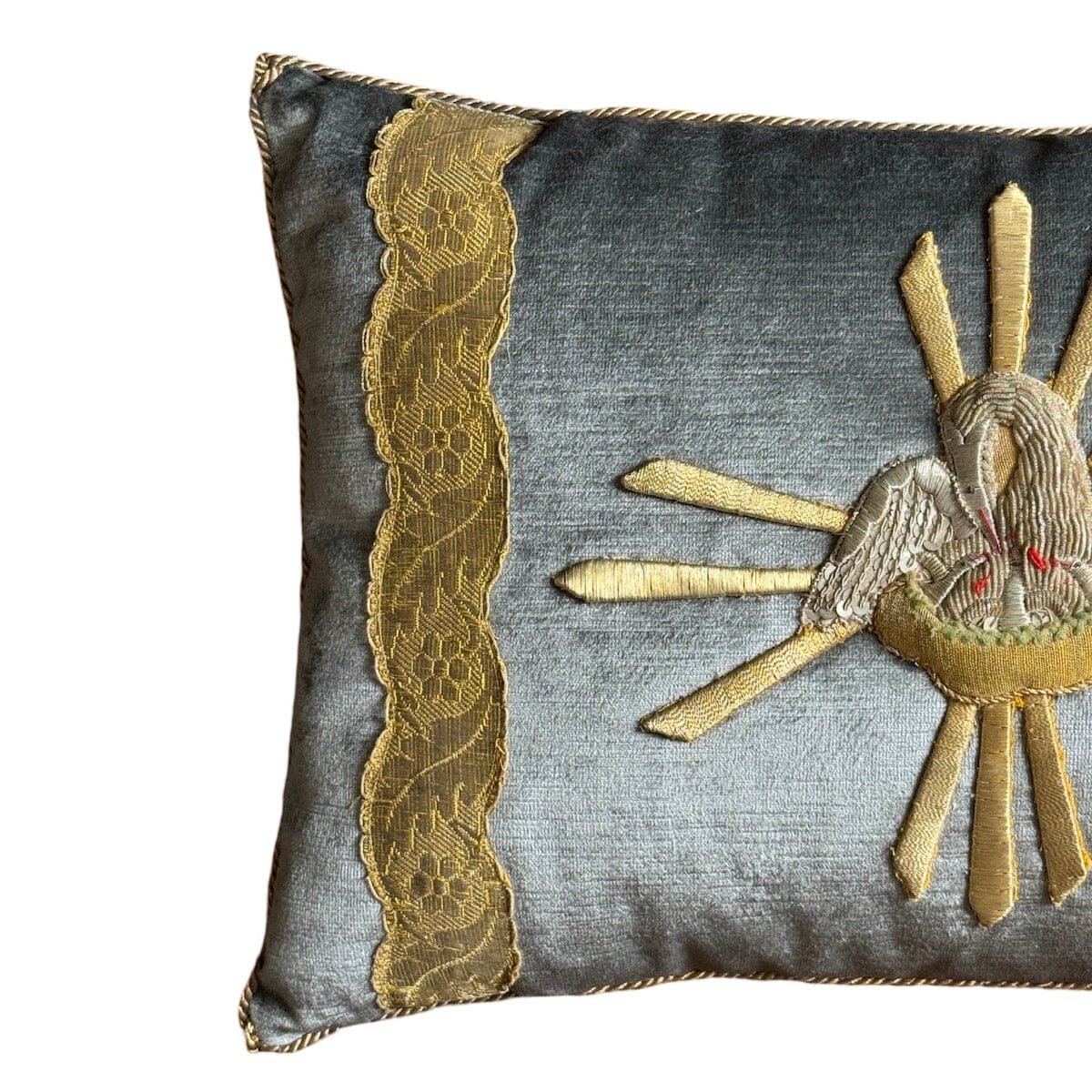 Antique Ecclesiastic Gold & Silver Metallic Embroidered Appliqué on Silver Velvet (#A052924 | 13 1/4 x 19") New Pillows B. Viz Design