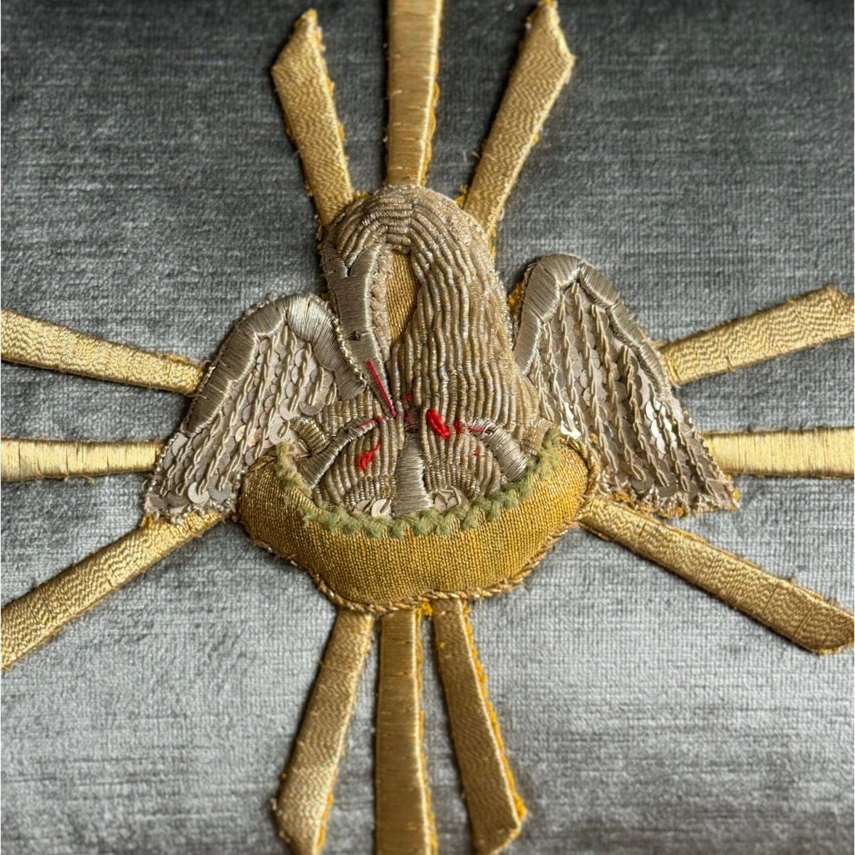 Antique Ecclesiastic Gold & Silver Metallic Embroidered Appliqué on Silver Velvet (#A052924 | 13 1/4 x 19") New Pillows B. Viz Design