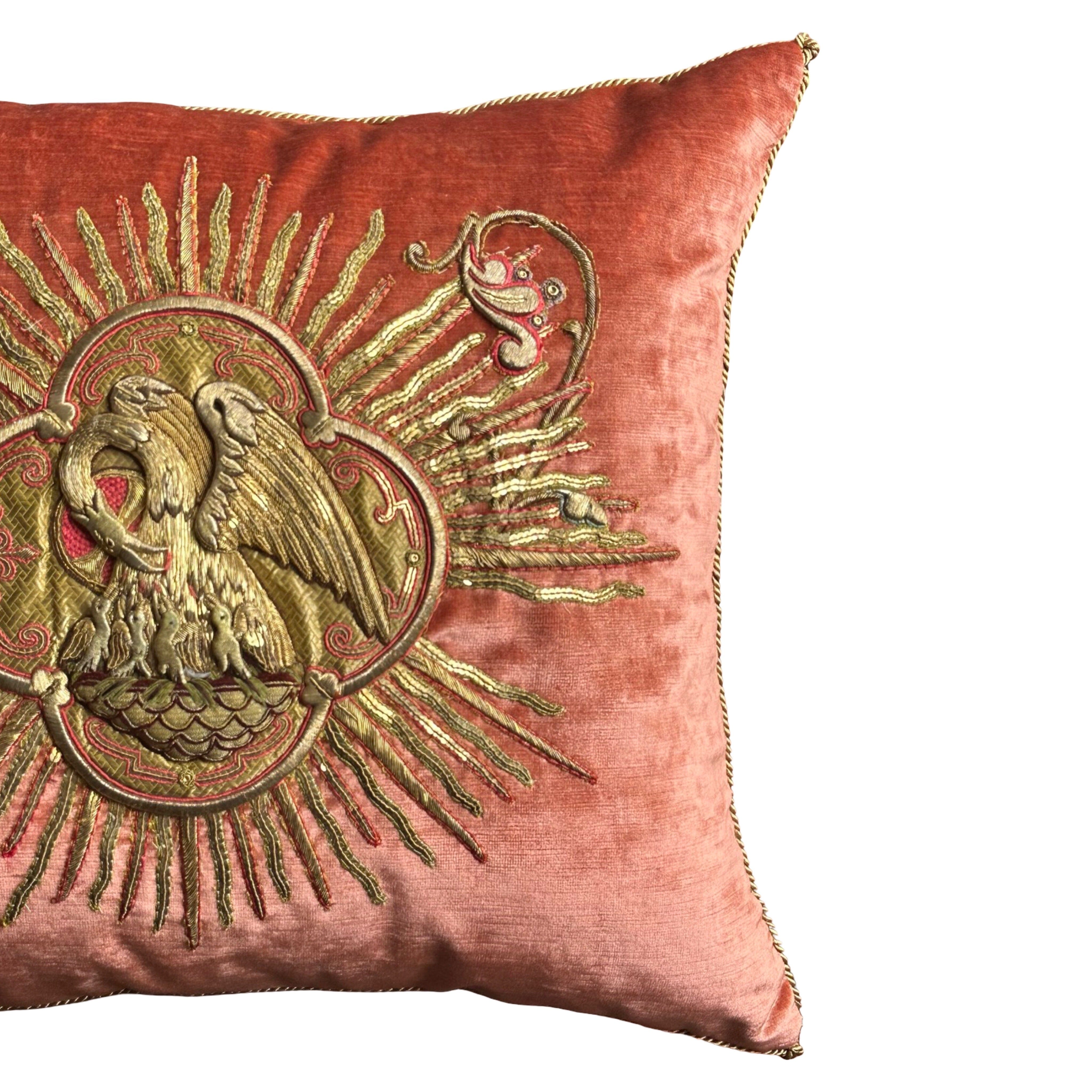 Antique Ecclesiastic Pelican in Her Piety Embroidery (#E062725 | 19 x 22") New Pillows B. Viz Design