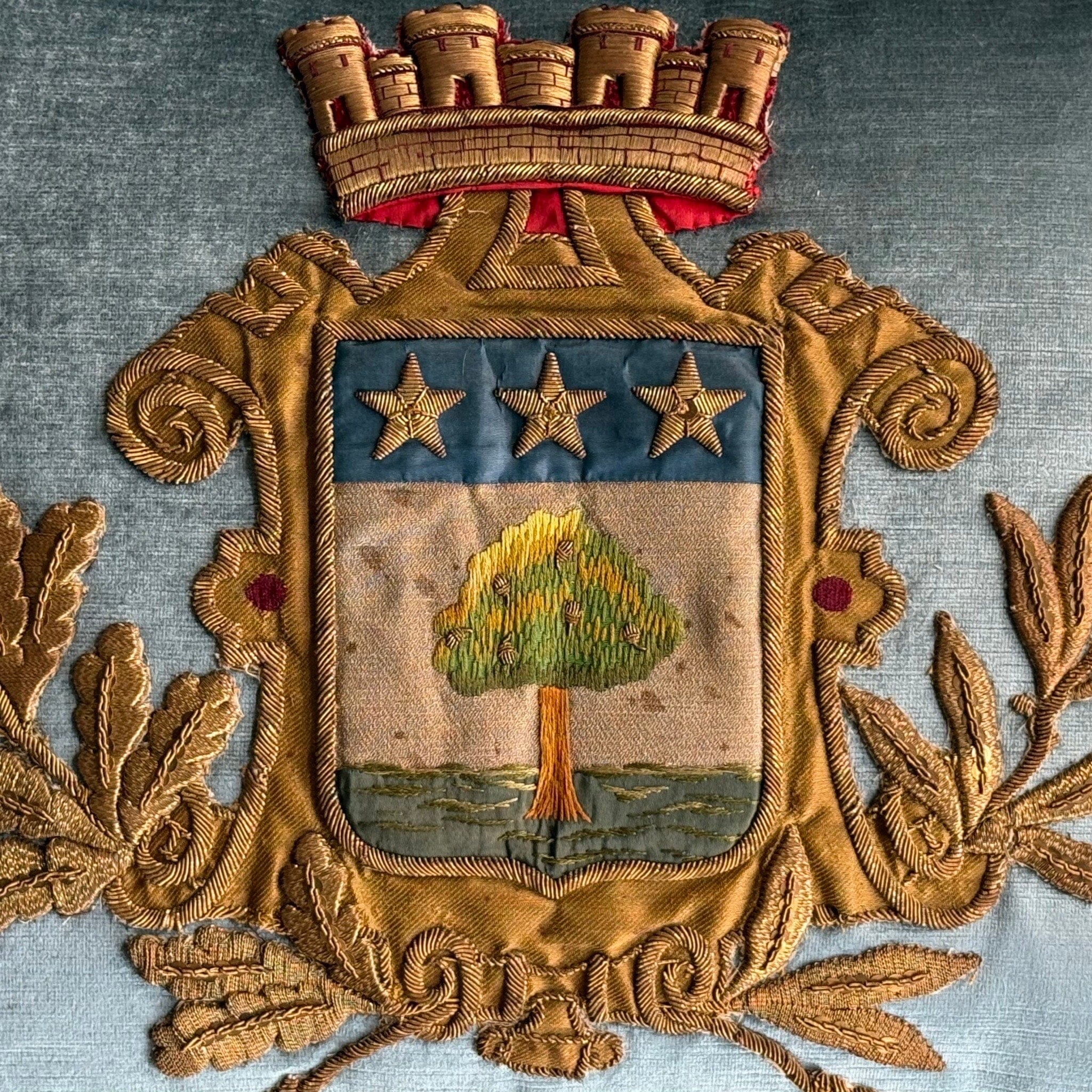 Antique European Crest Embroidery (#E090424 | 19 x 23") New Pillows B. Viz Design