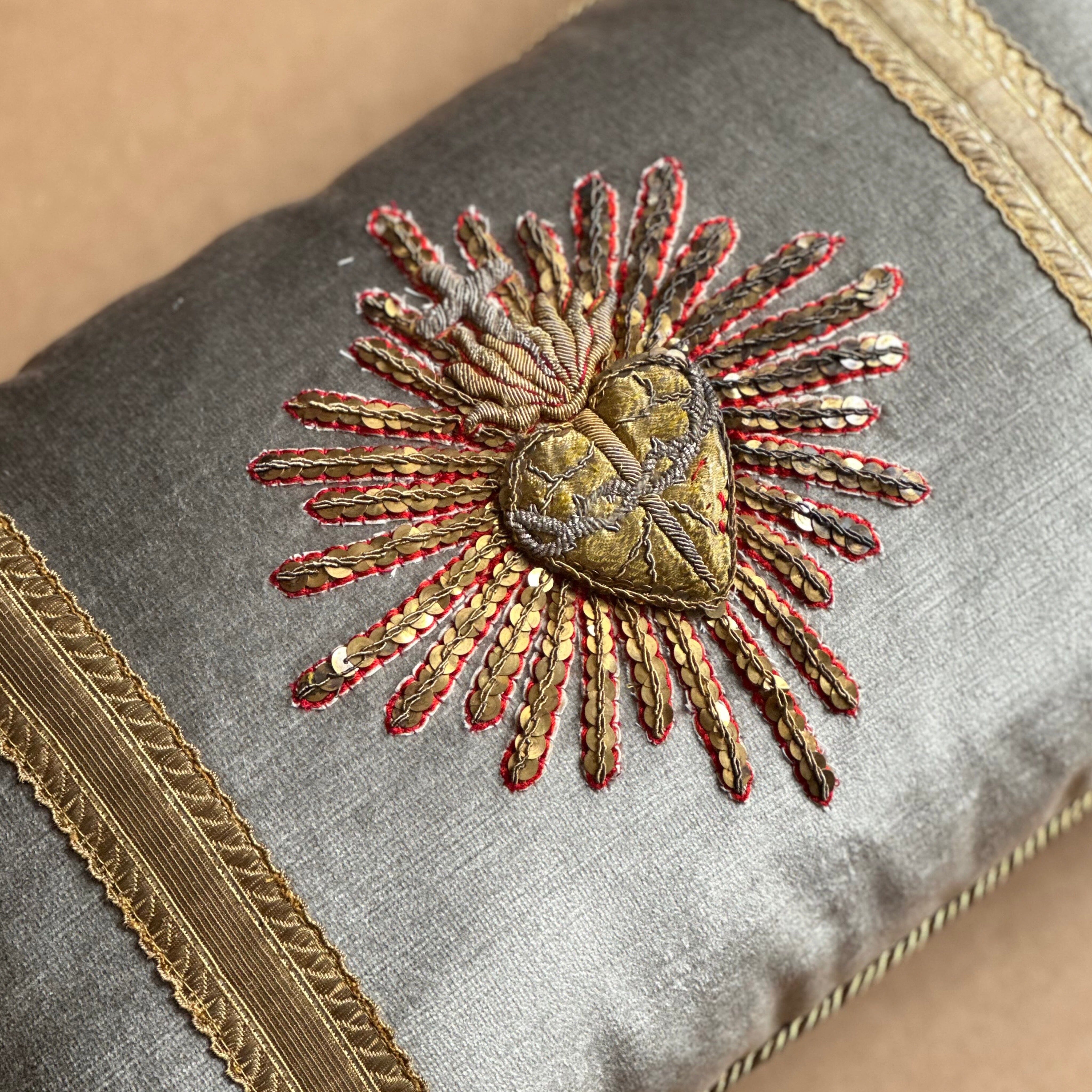 Antique European Ecclesiastic Gold and Silver Metallic Sacred Heart (#E022725 | 12 x 19") New Pillows B. Viz Design