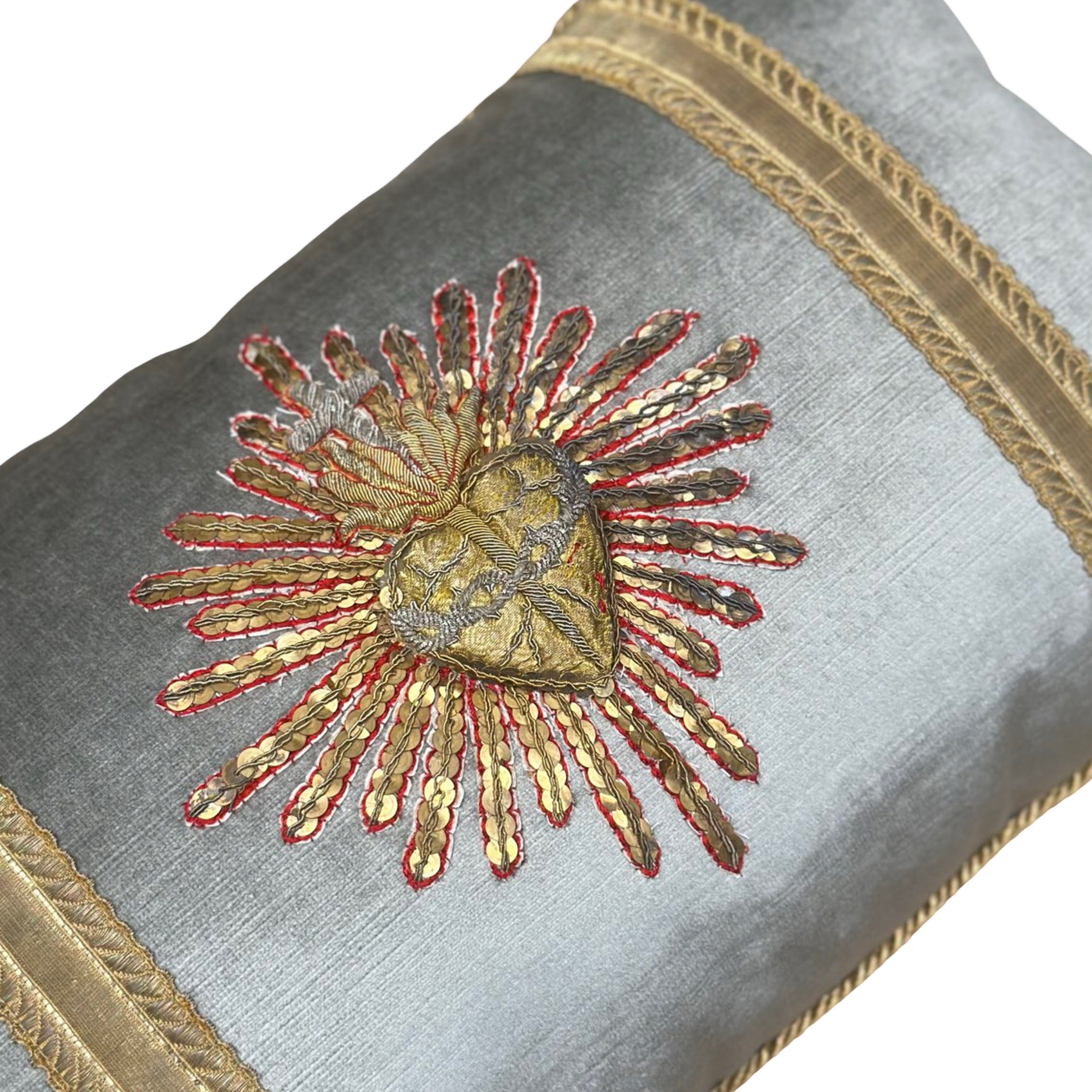 Antique European Ecclesiastic Gold and Silver Metallic Sacred Heart (#E022725 | 12 x 19") New Pillows B. Viz Design