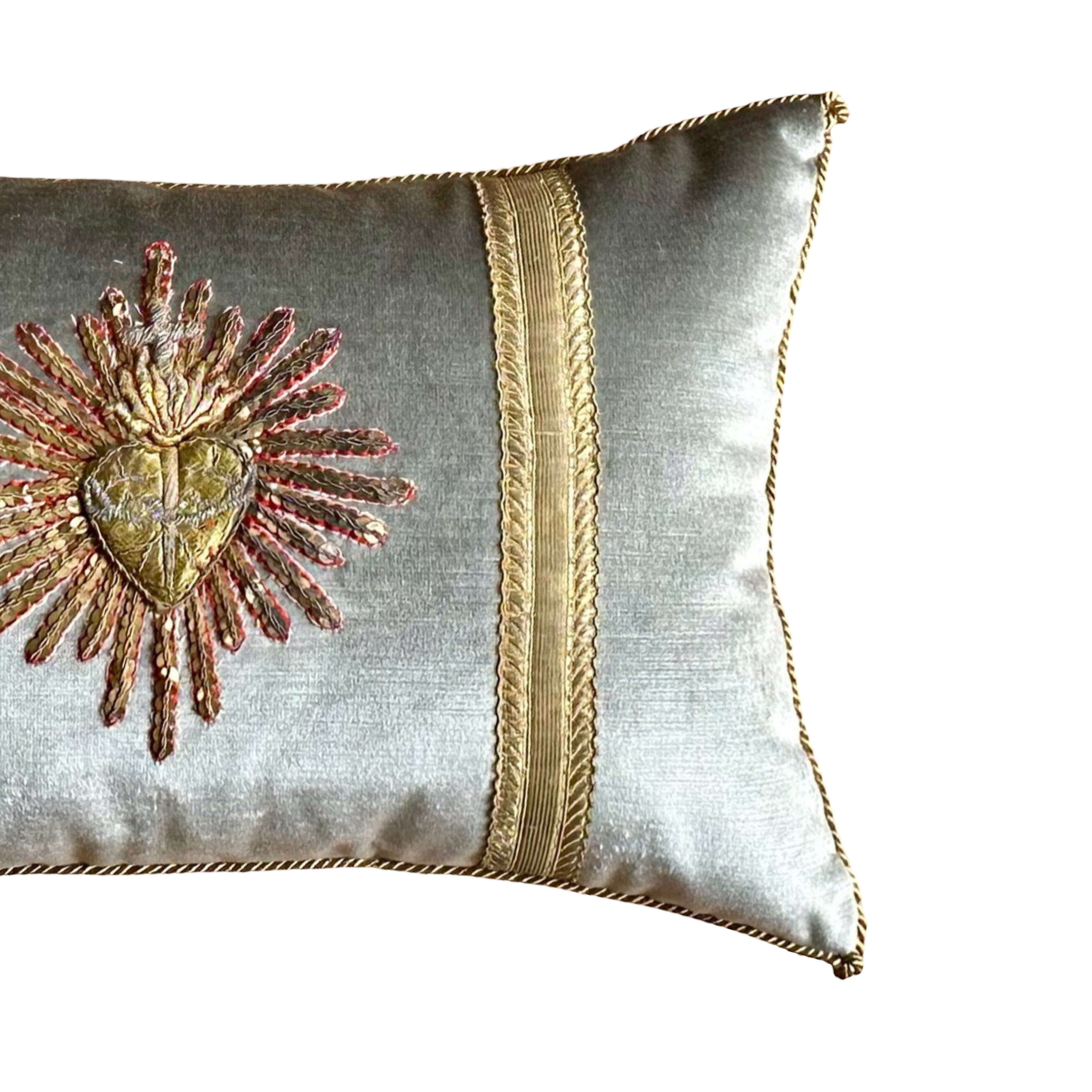 Antique European Ecclesiastic Gold and Silver Metallic Sacred Heart (#E022725 | 12 x 19") New Pillows B. Viz Design