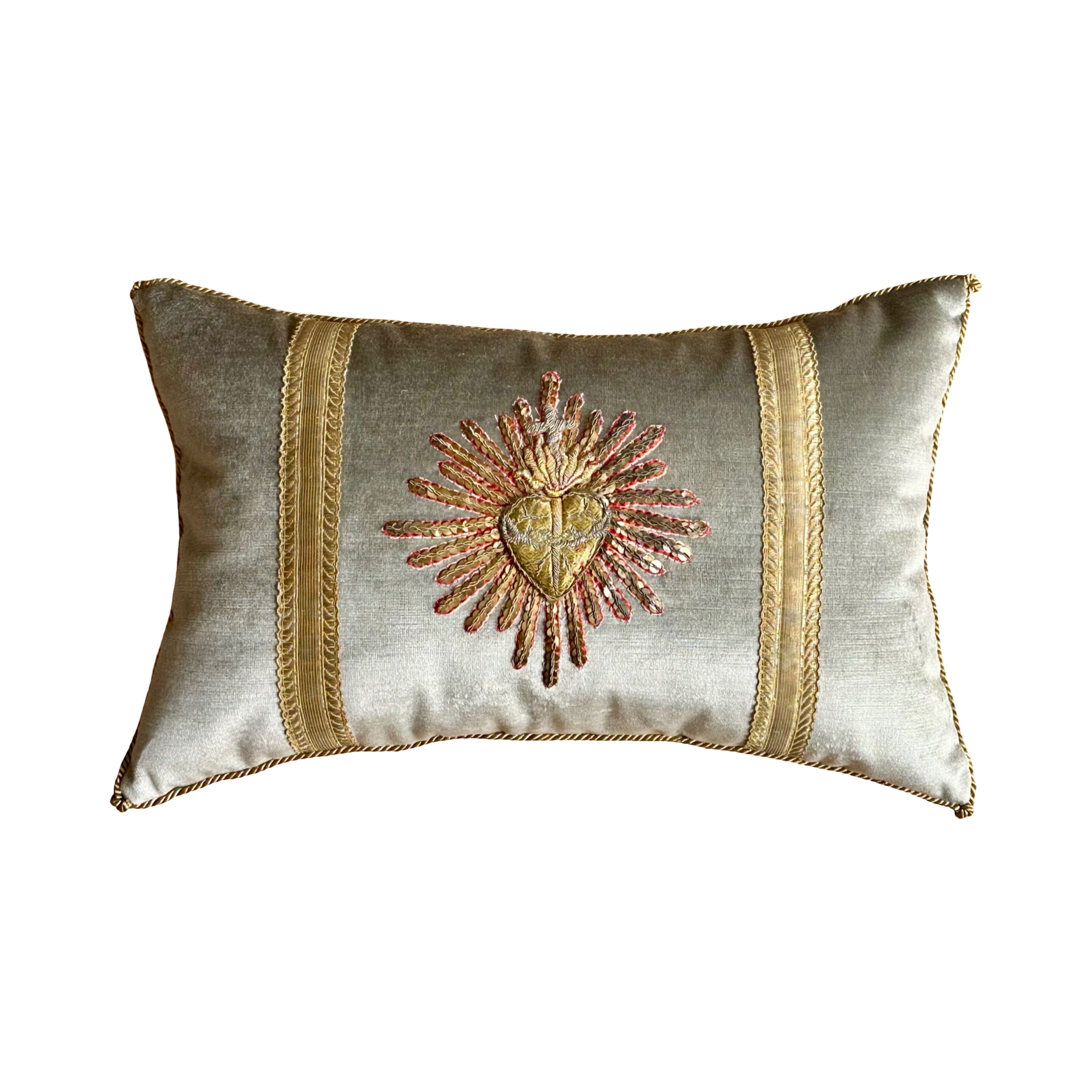 Antique European Ecclesiastic Gold and Silver Metallic Sacred Heart (#E022725 | 12 x 19") New Pillows B. Viz Design