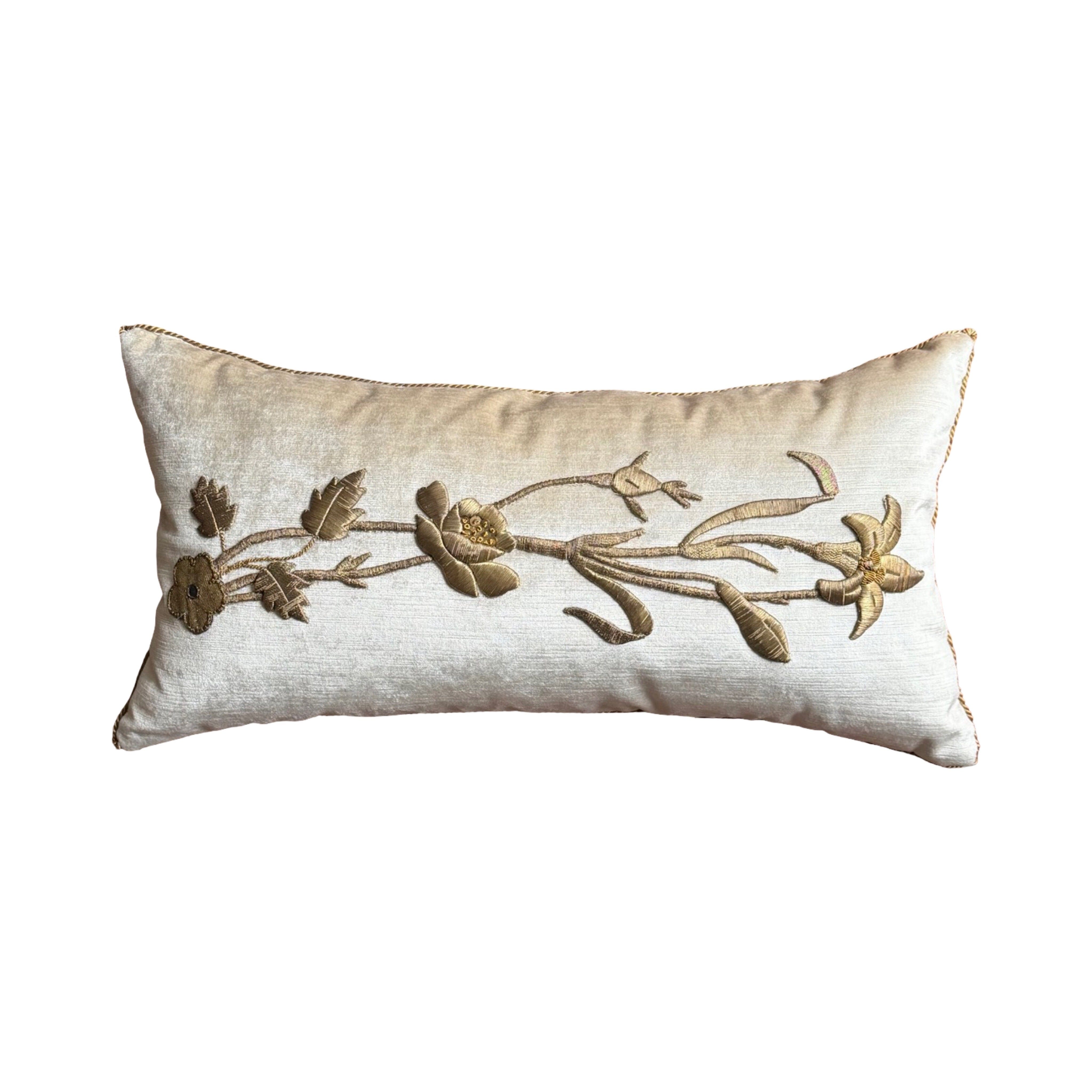 Antique European Raised Champagne Gold Embroidery (#E043025 | 12 x23") New Pillows B. Viz Design