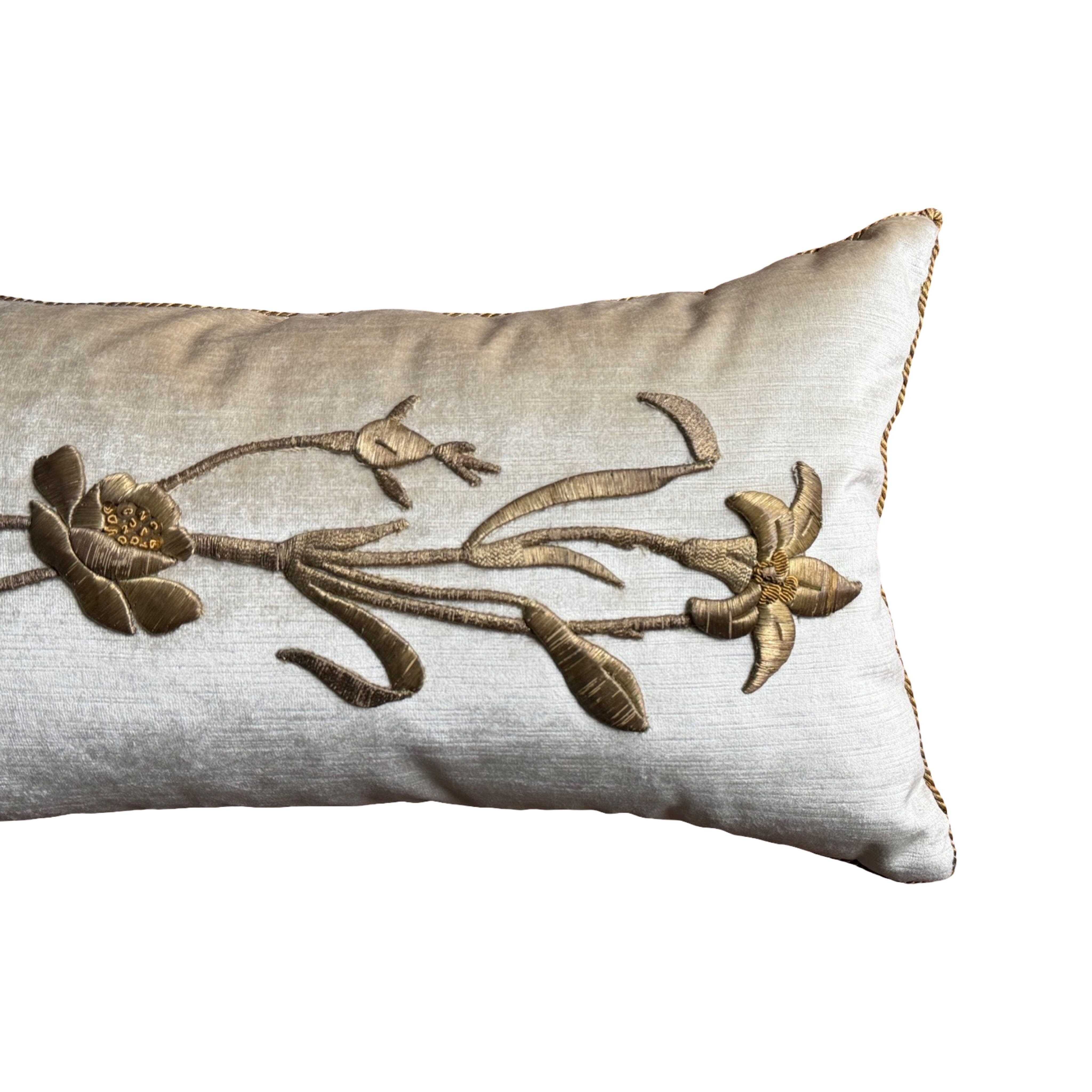 Antique European Raised Champagne Gold Embroidery (#E043025 | 12 x23") New Pillows B. Viz Design