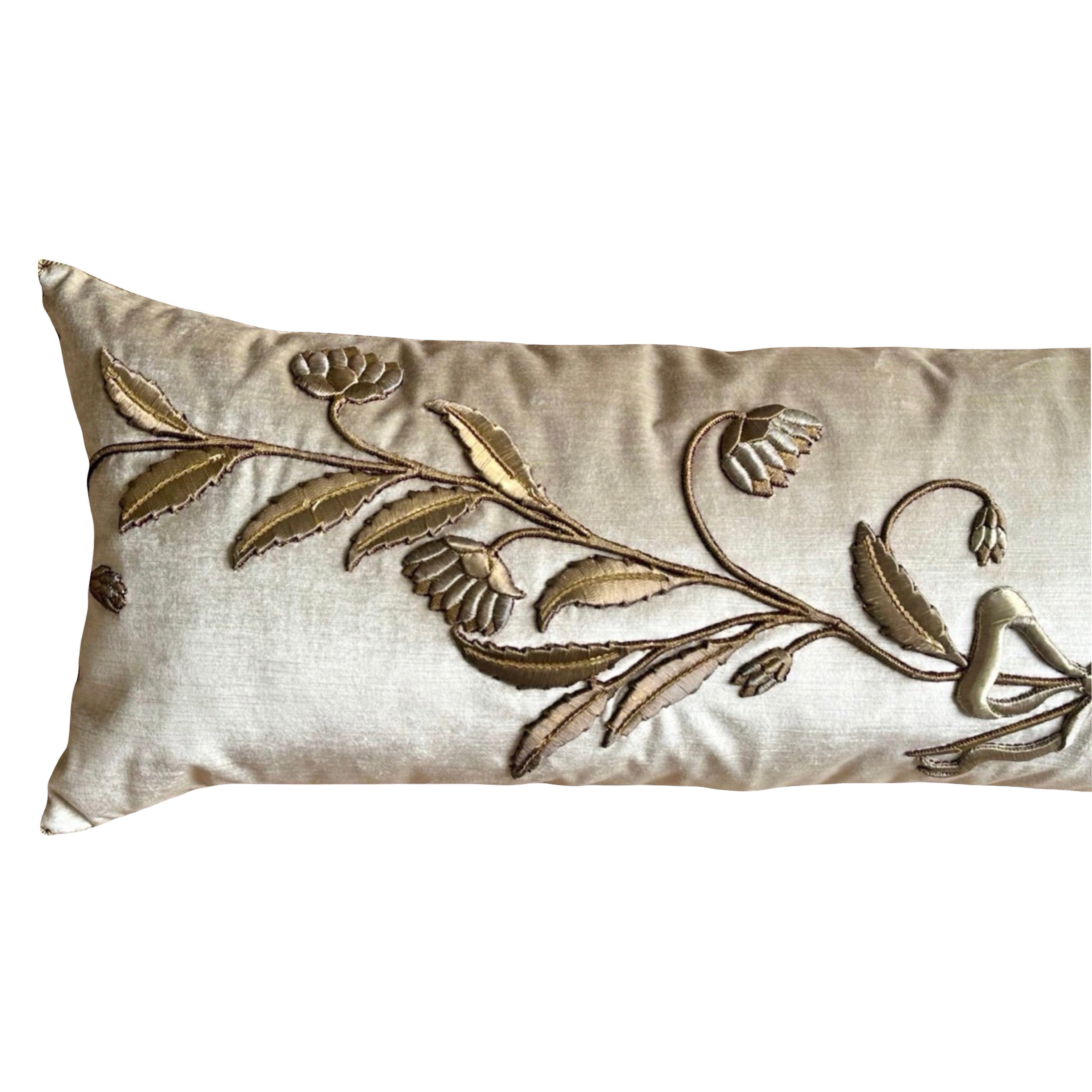 Antique European Raised Gold and Silver Metallic Embroidery (#E032225 | 16 x 53.5") New Pillows B. Viz Design