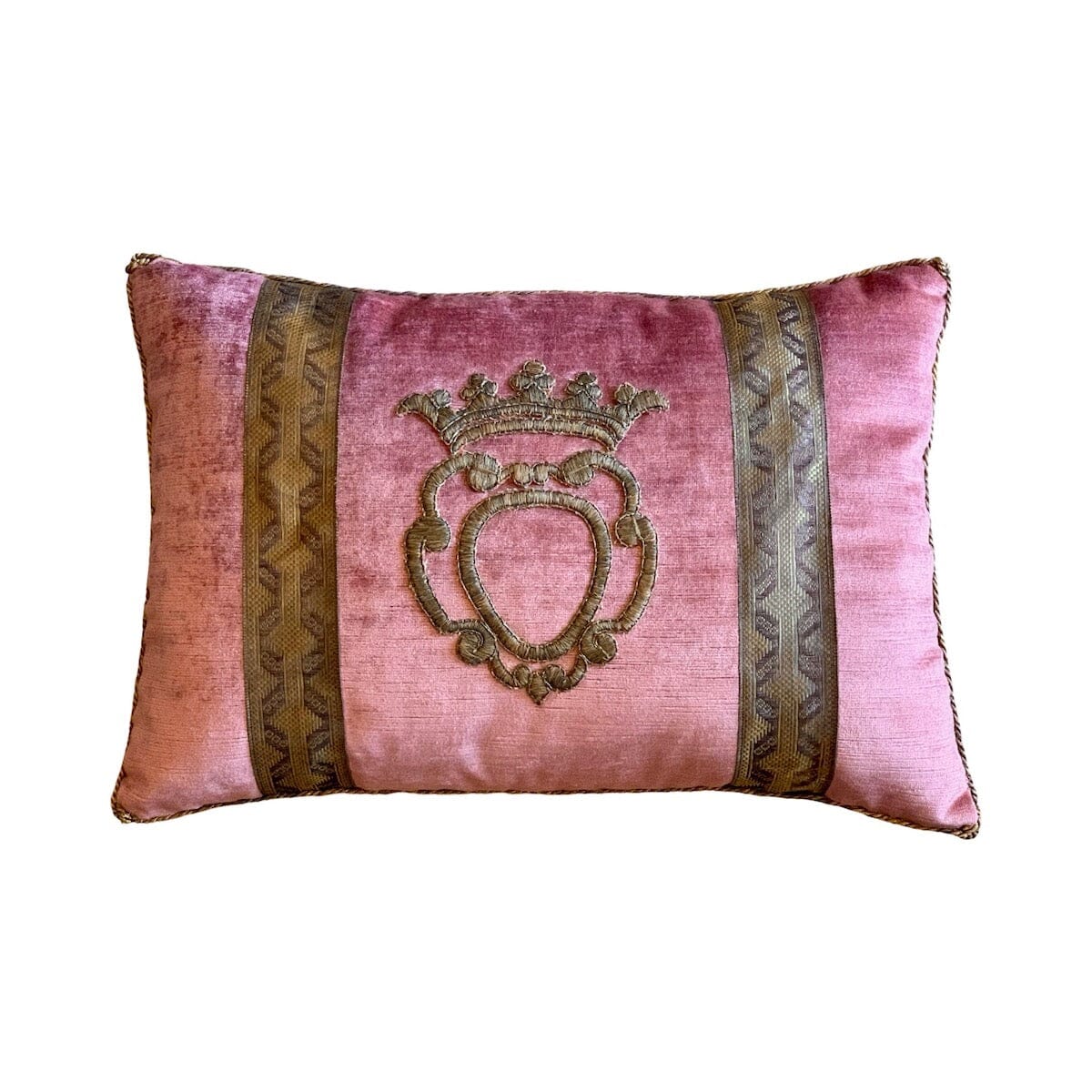 Antique European Raised Gold Metallic Embroidery of Crest with Crown (#E060724 | 13 x 18 1/2") Pillow B. Viz Design