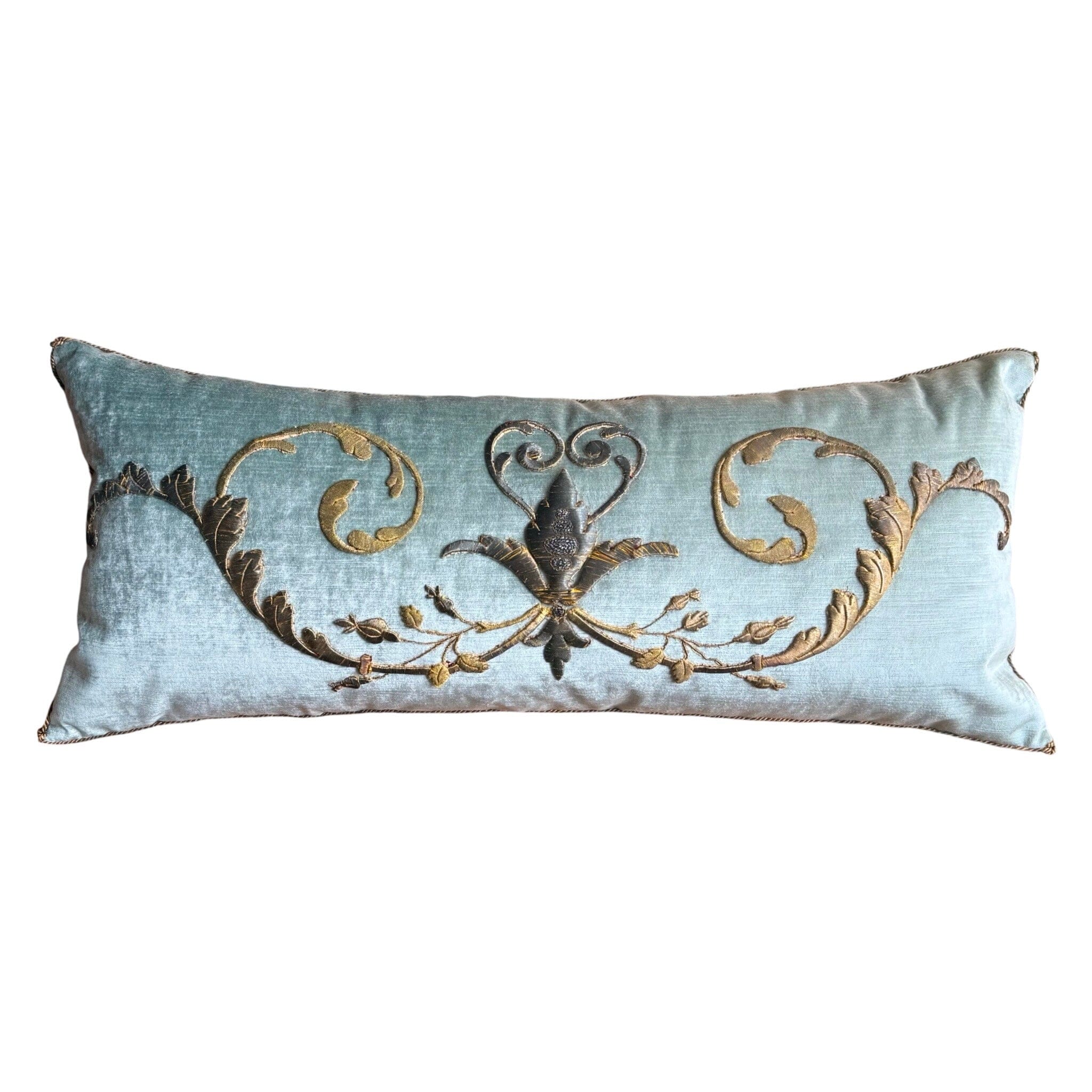 Antique European Raised Gold Metallic Embroidery on Cape Velvet (#E010325 | 15 x 34") New Pillows B. Viz Design
