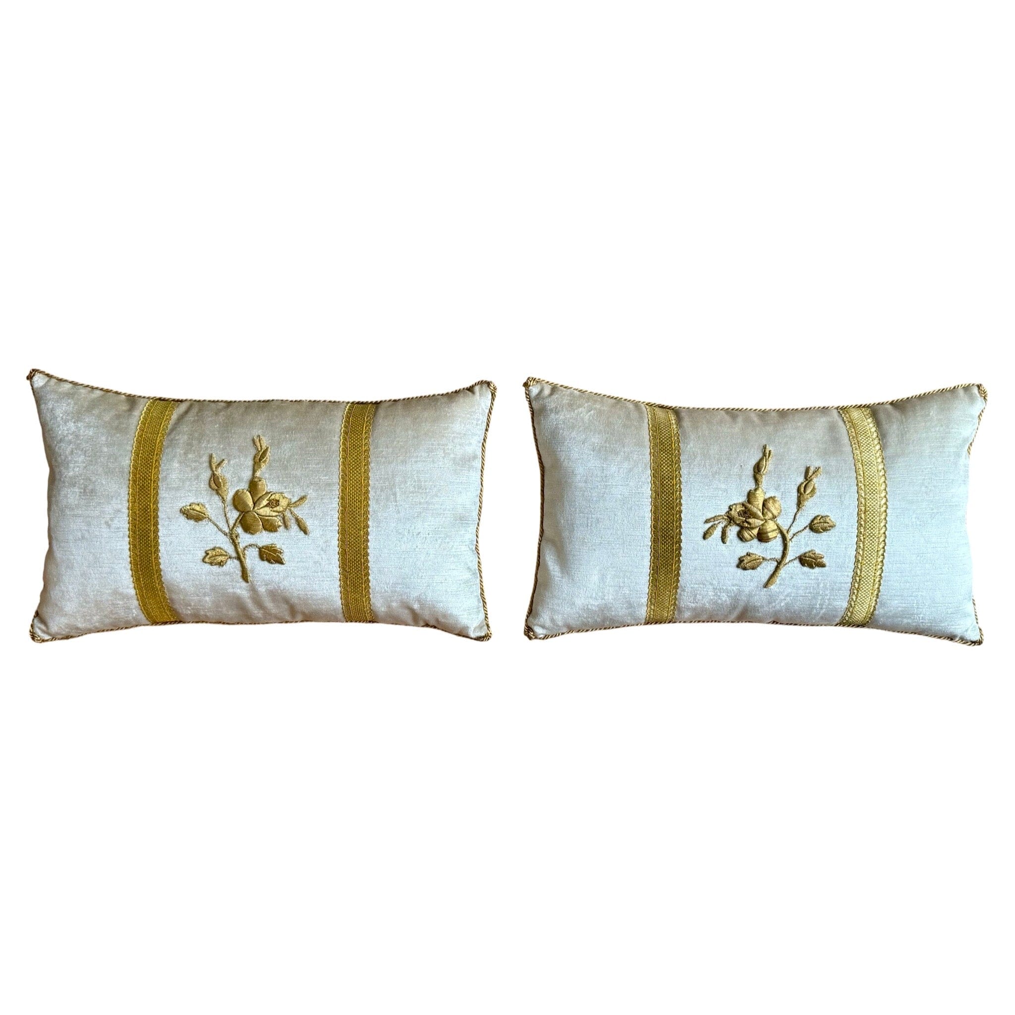 Antique European Raised Gold Metallic Embroidery on Oyster Velvet (#E092224A&B | 10 1/2 x 18") Pillow B. Viz Design