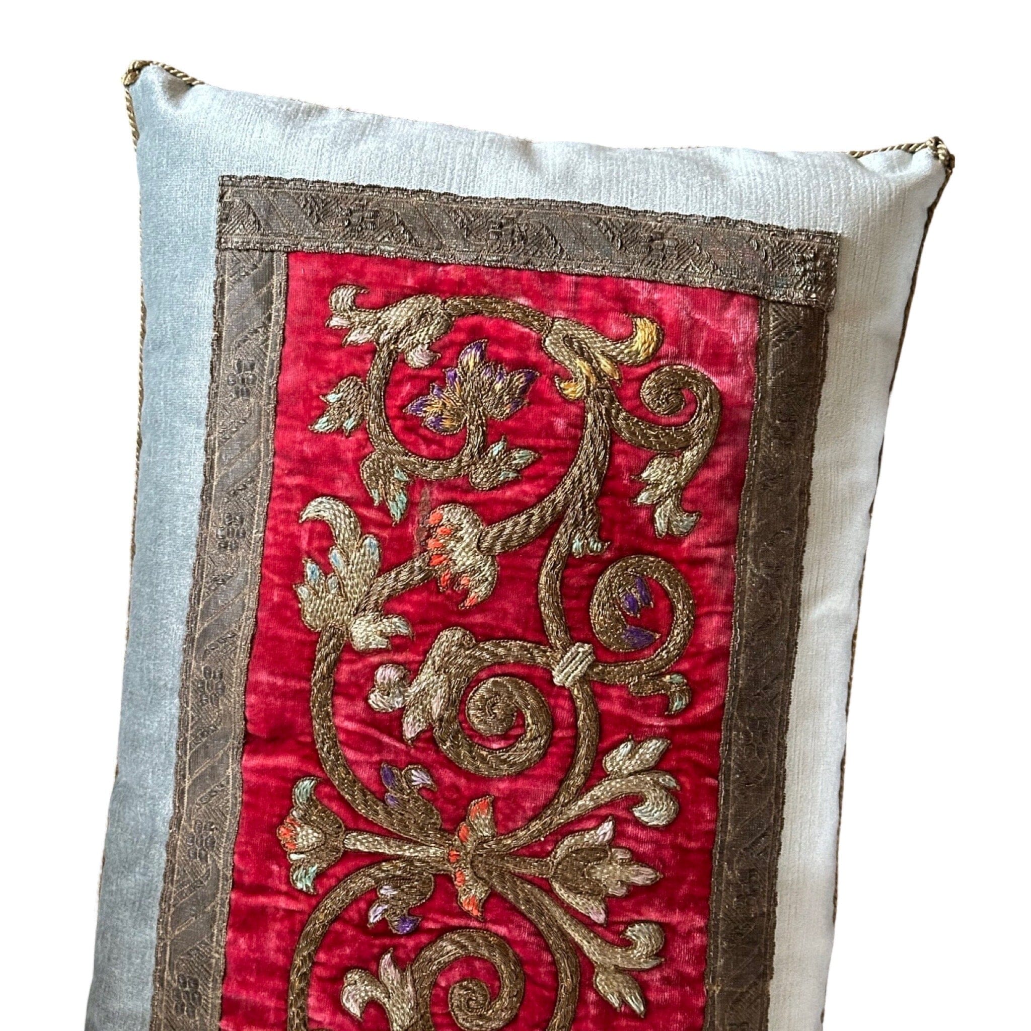 Antique European Silk and Metallic Embroidery (#E030824 | 14 1/2 x 26") New Pillows B. Viz Design
