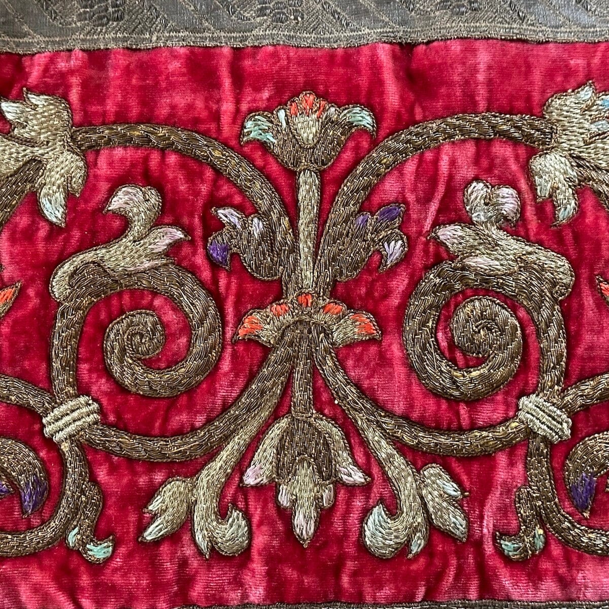 Antique European Silk and Metallic Embroidery (#E030824 | 14 1/2 x 26") New Pillows B. Viz Design