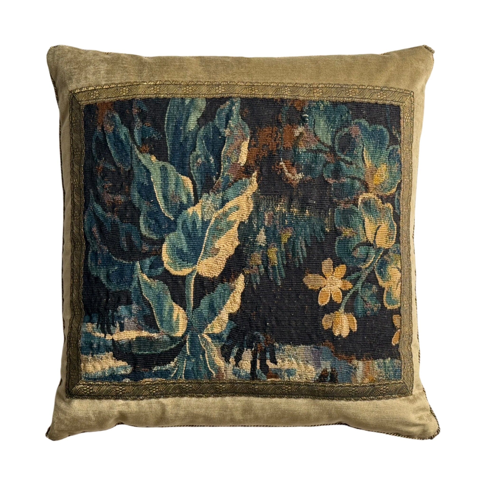 Antique Flemish Tapestry Fragment on Antique Brass Velvet (#T111024A&B | 21 x 22”) New Pillows B. Viz Design