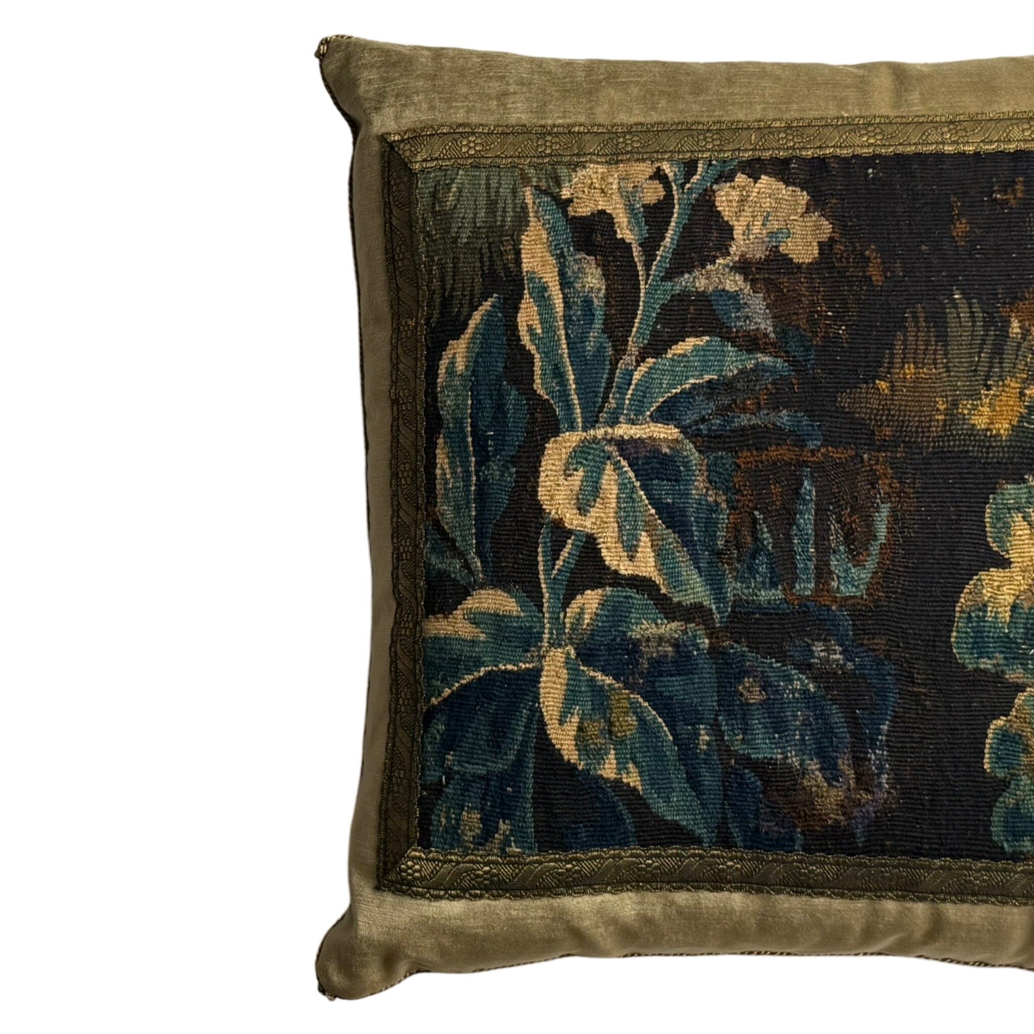 Antique Flemish Tapestry Fragment on Antique Brass Velvet (#T111024A&B | 21 x 22”) New Pillows B. Viz Design