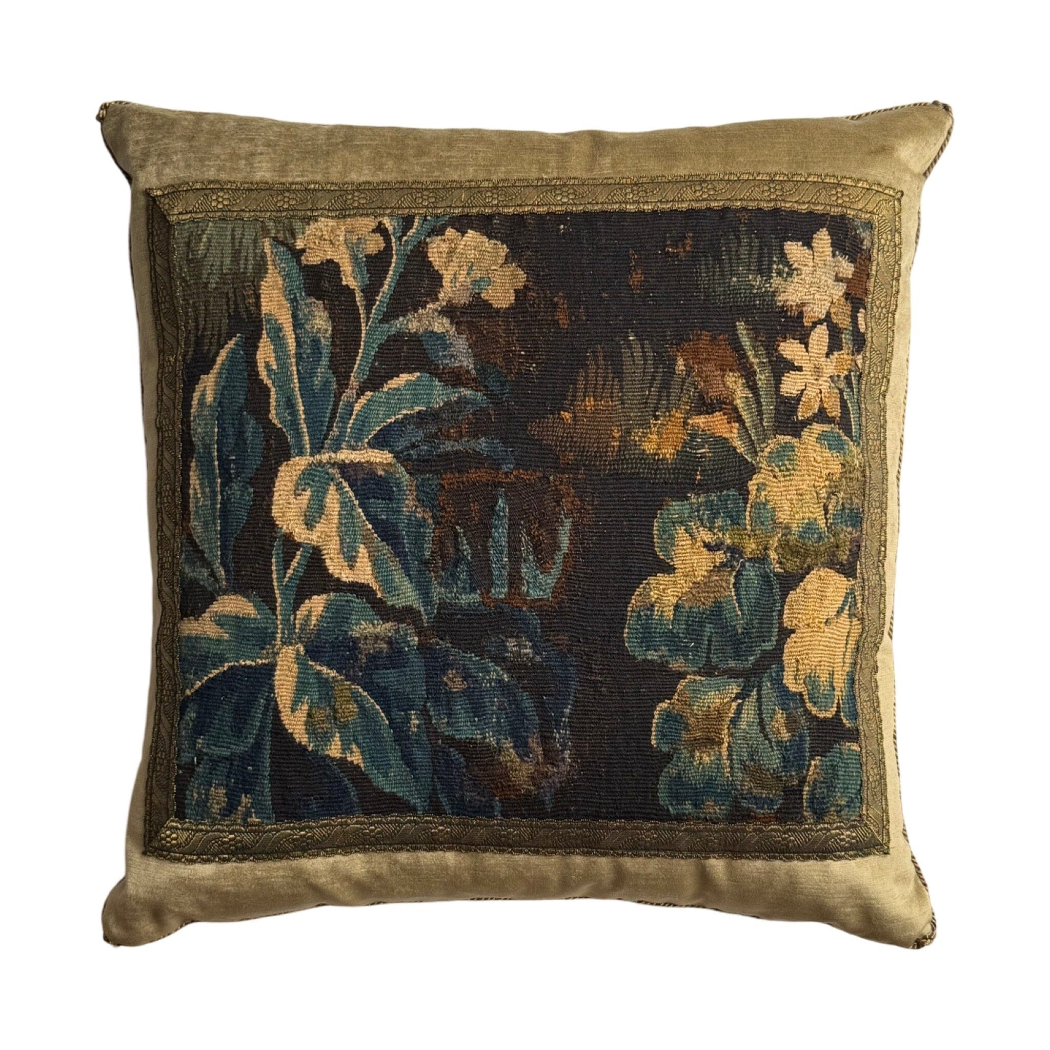 Antique Flemish Tapestry Fragment on Antique Brass Velvet (#T111024A&B | 21 x 22”) New Pillows B. Viz Design