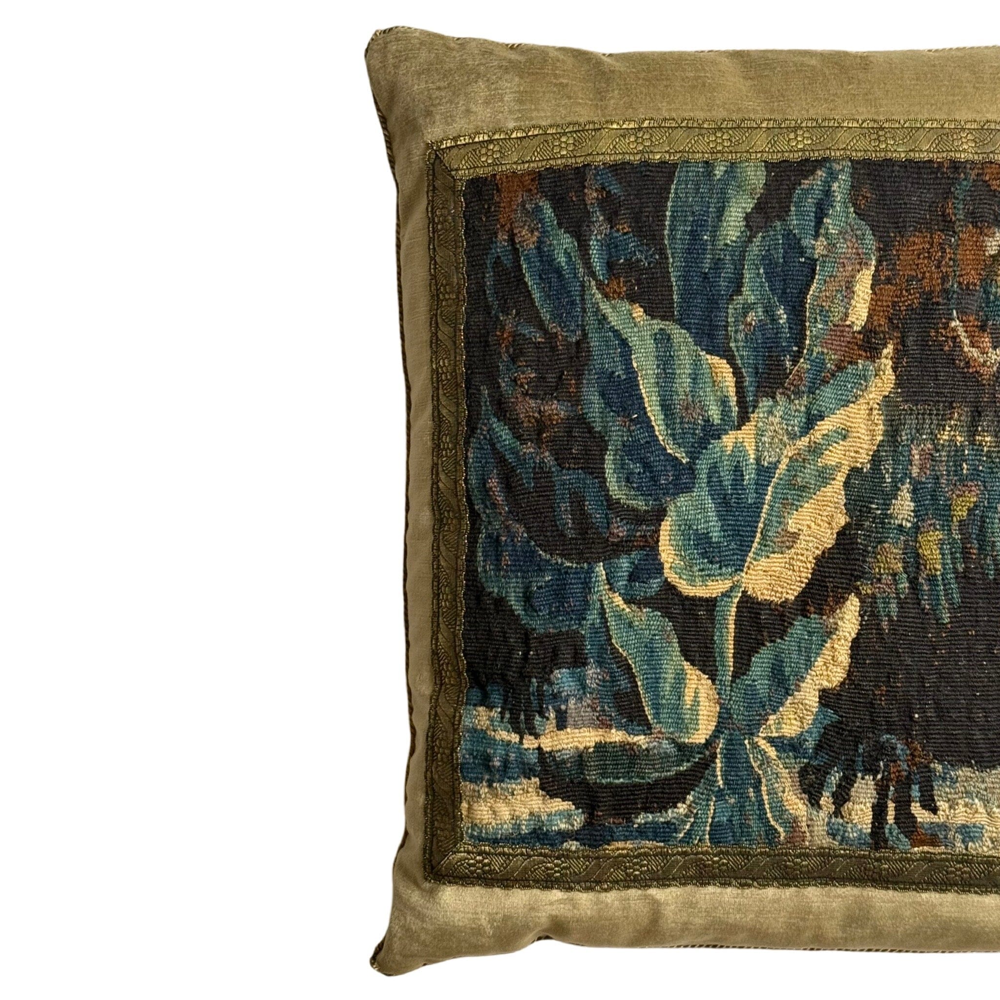 Antique Flemish Tapestry Fragment on Antique Brass Velvet (#T111024A&B | 21 x 22”) New Pillows B. Viz Design