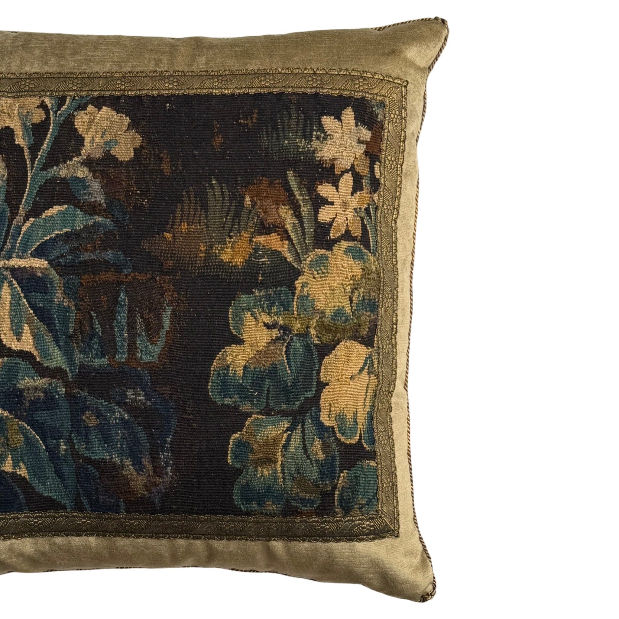 Antique Flemish Tapestry Fragment on Antique Brass Velvet (#T111024A&B | 21 x 22”) New Pillows B. Viz Design