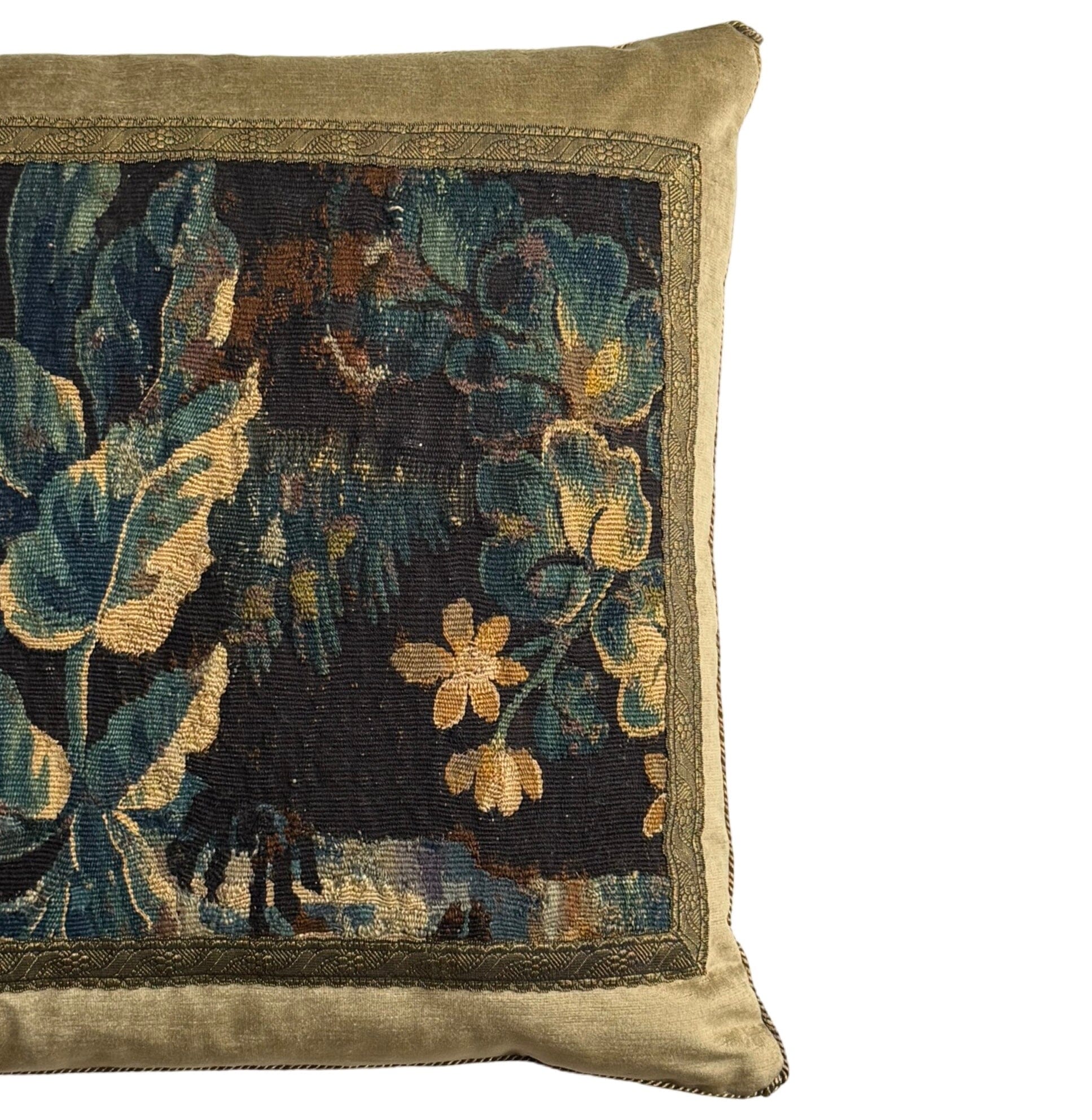 Antique Flemish Tapestry Fragment on Antique Brass Velvet (#T111024A&B | 21 x 22”) New Pillows B. Viz Design