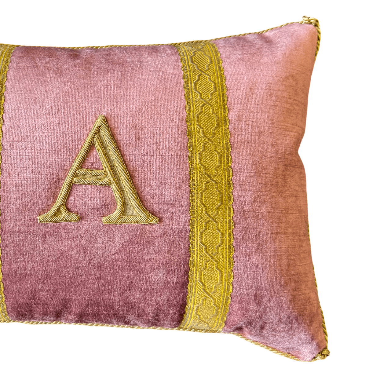 Antique Gold Metallic Appliqué "A" Initial Pillow (#A150226 | 11 x 15") Custom Pillows B. Viz Design