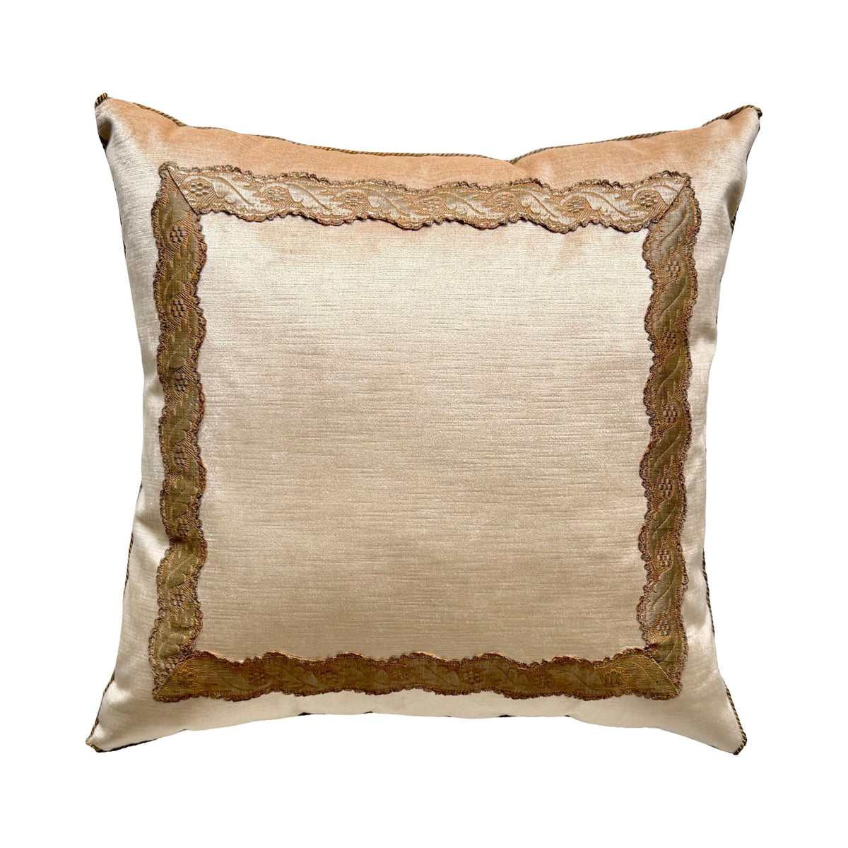 Antique Gold Metallic Serpintine Galon on Pale Apricot Velvet (#M030126A&B | 22 x 22") Pillow B. Viz Design