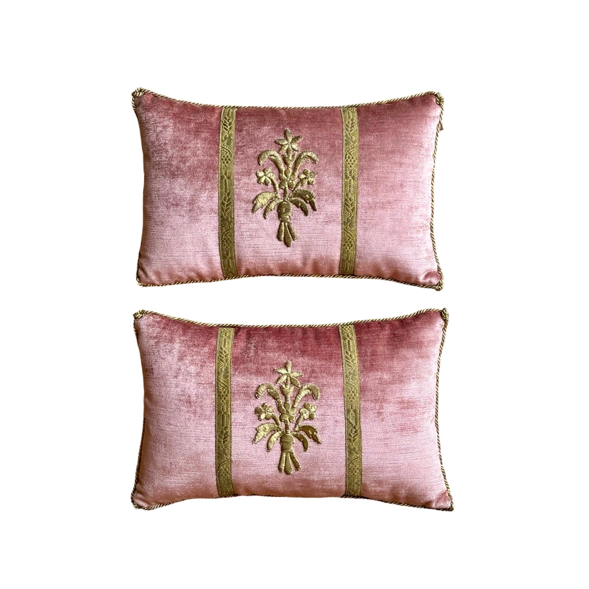 Antique Ottoman Empire Gold Metallic Embroidery on Dusty Rose Velvet (#E090524A&B | 10x 16") New Pillows B. Viz Design