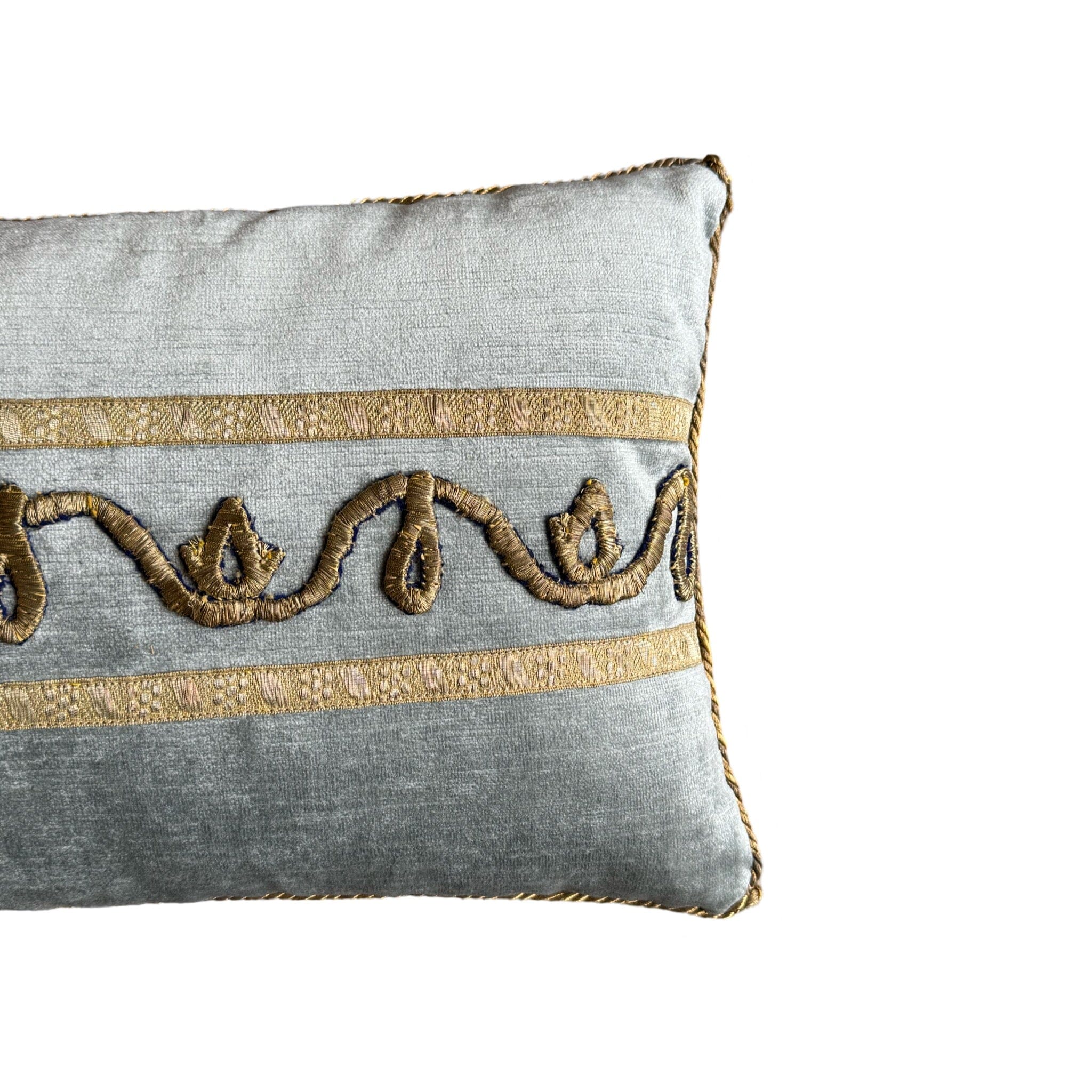 Antique Ottoman Empire Raised Champagne Gold Embroidery on Icy Blue Velvet (#E081124A&B | 10 1/2 x 17") Pillow Pair B. Viz Design
