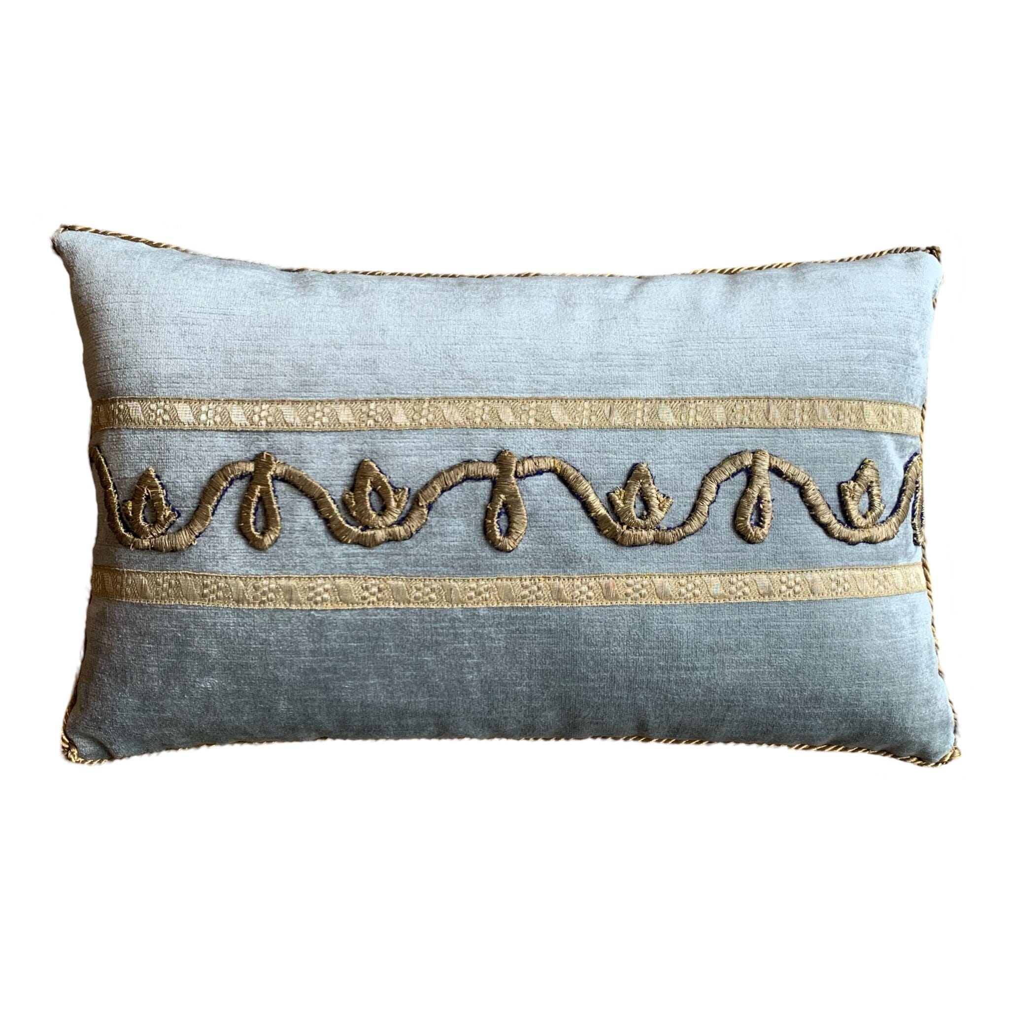 Antique Ottoman Empire Raised Champagne Gold Embroidery on Icy Blue Velvet (#E081124A&B | 10 1/2 x 17") Pillow Pair B. Viz Design