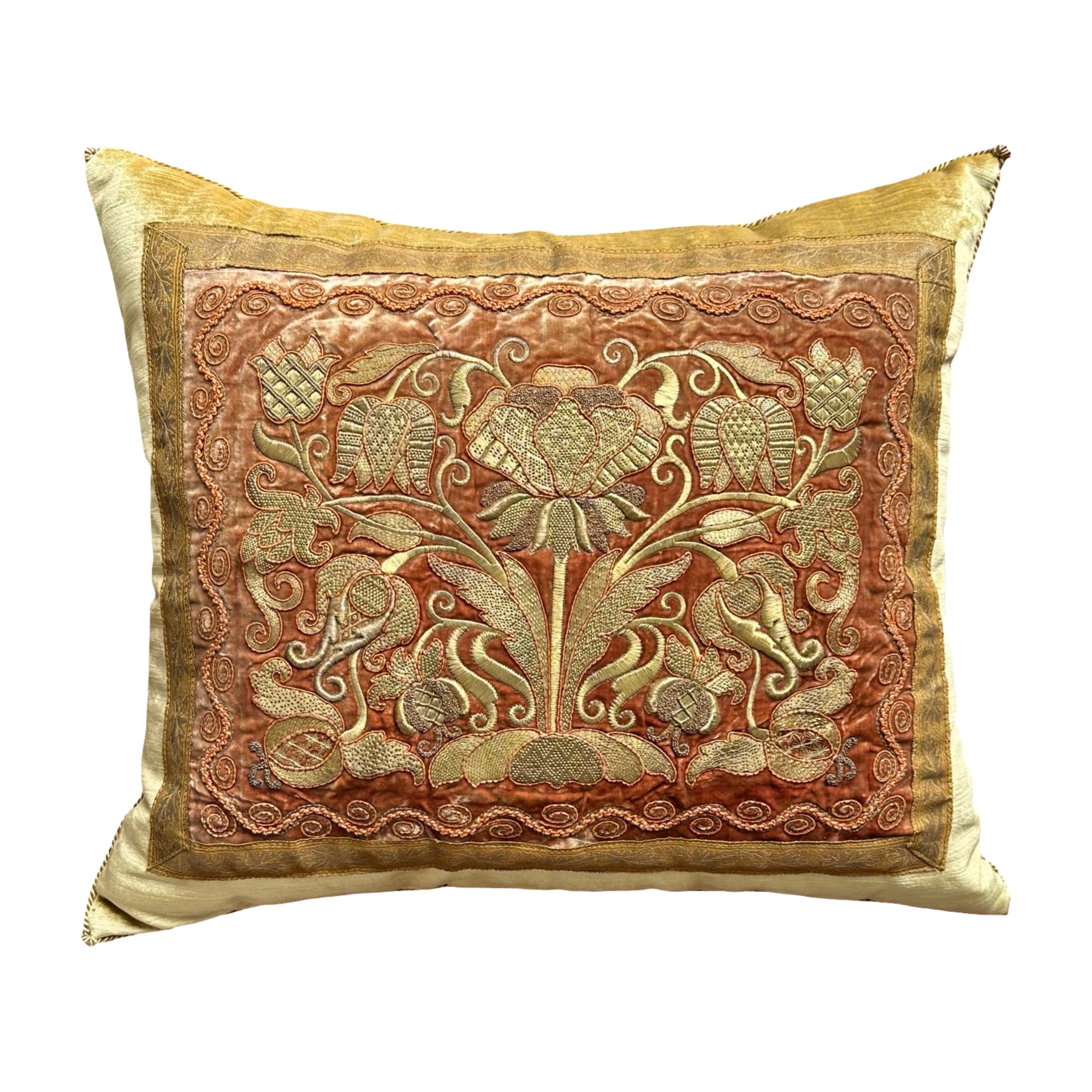 Antique Ottoman Empire Raised Gold Metallic Embroidery (#E030325 | 20" x 23") New Pillows B. Viz Design