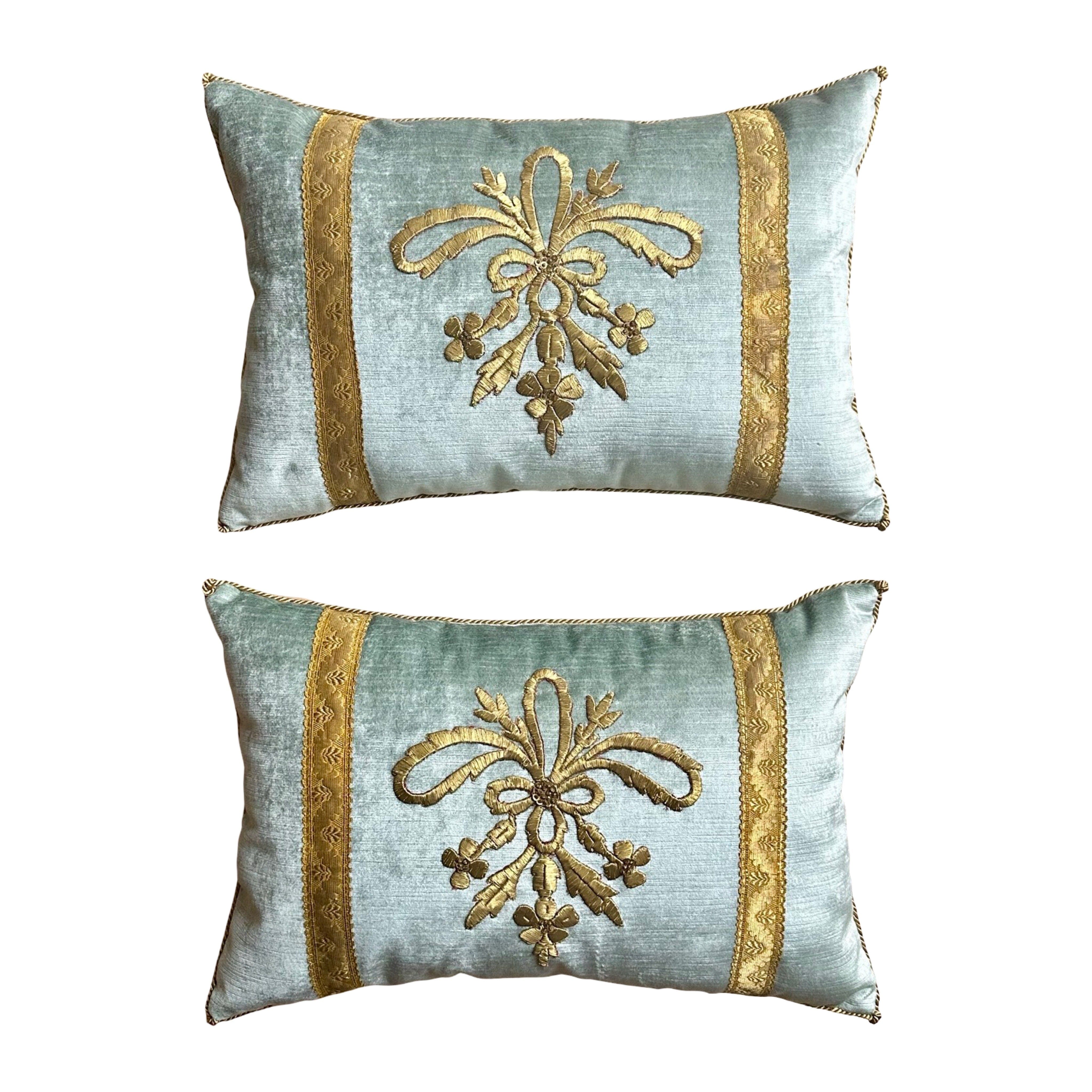 Antique Ottoman Empire Raised Gold Metallic Embroidery (#E030525A&B | 13 x 19.5") New Pillows B. Viz Design