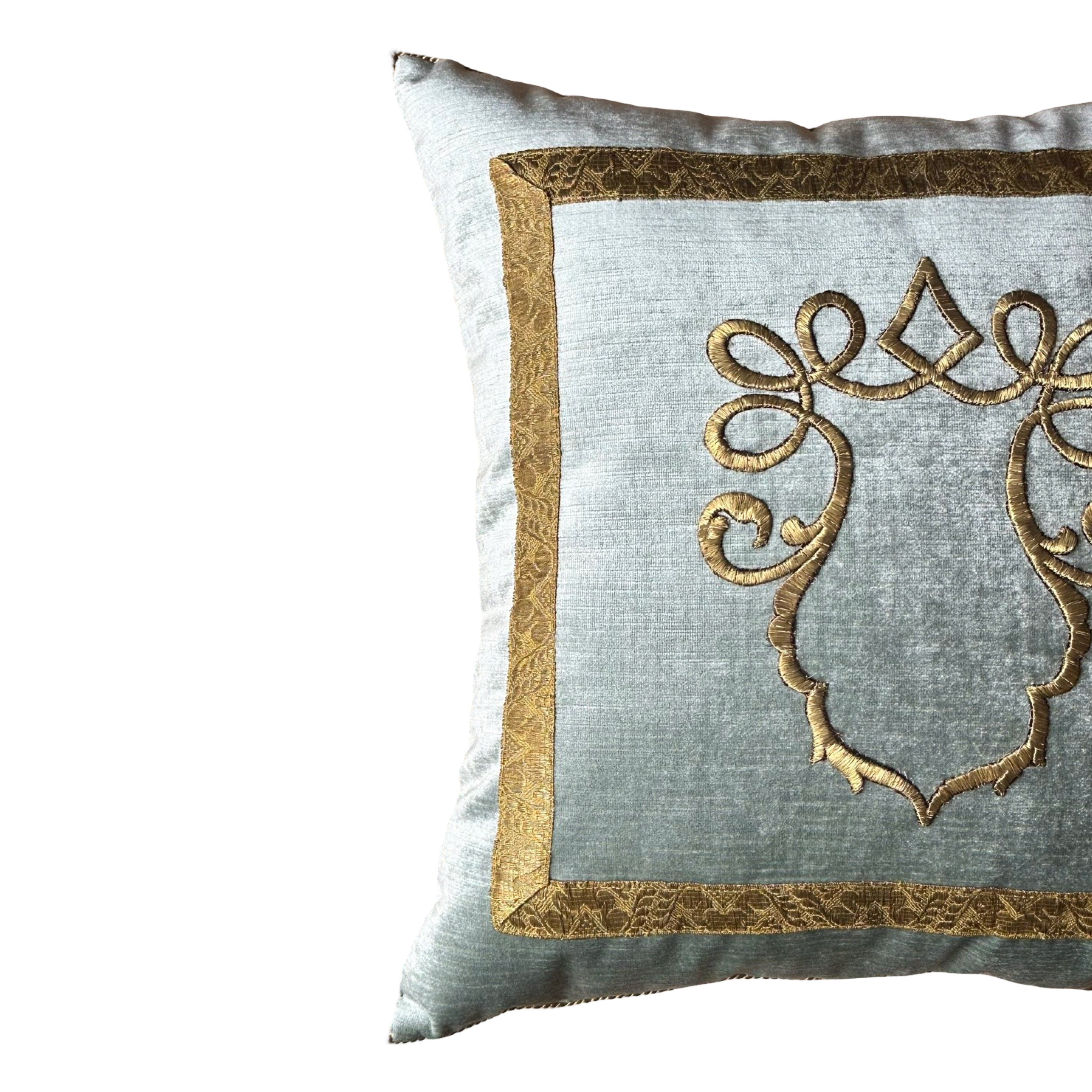 Antique Ottoman Empire Raised Gold Metallic Embroidery (#E042625 | 21 x 21") New Pillows B. Viz Design