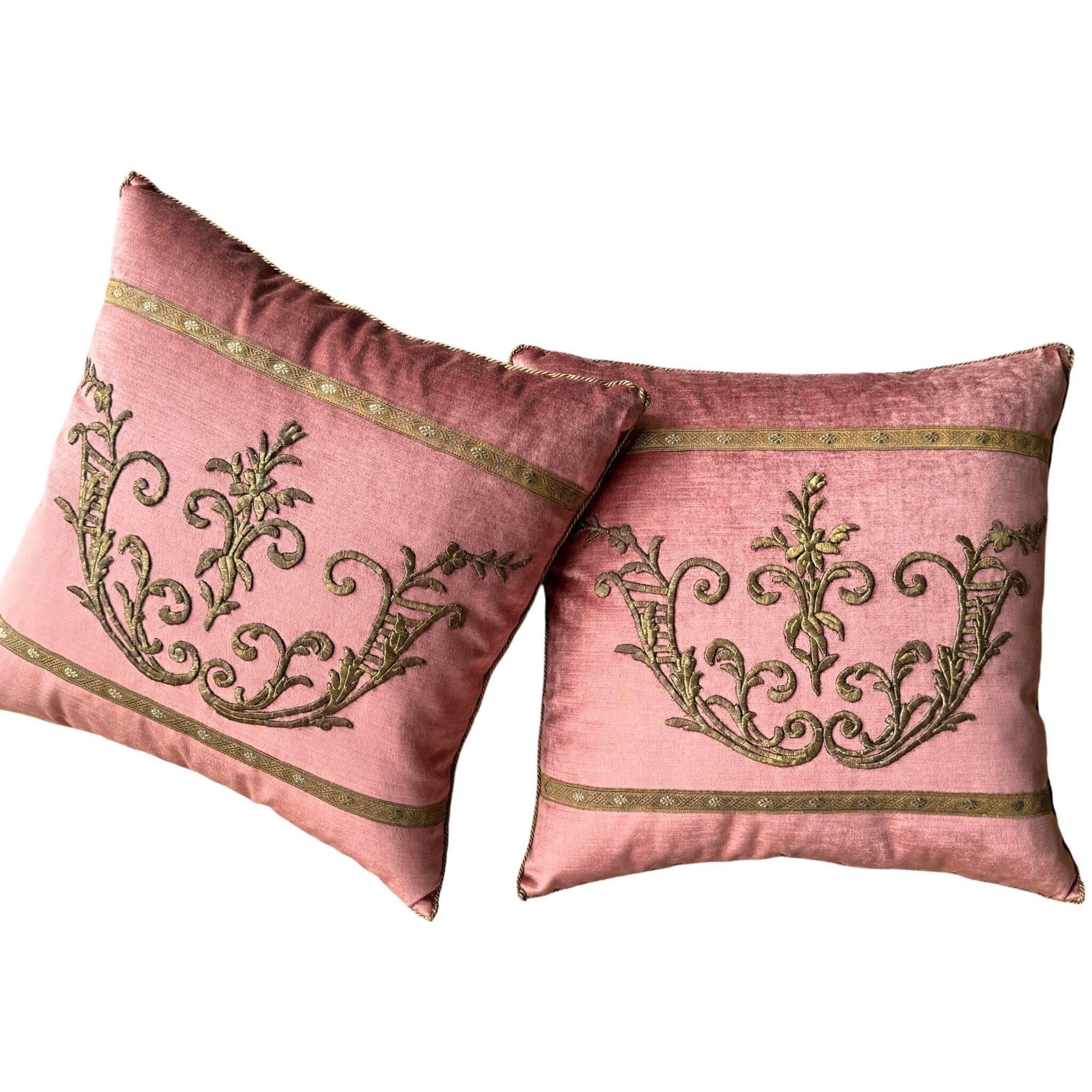 Antique Ottoman Empire Raised Gold Metallic Embroidery (#E082924A&B | 21x 21") New Pillows B. Viz Design