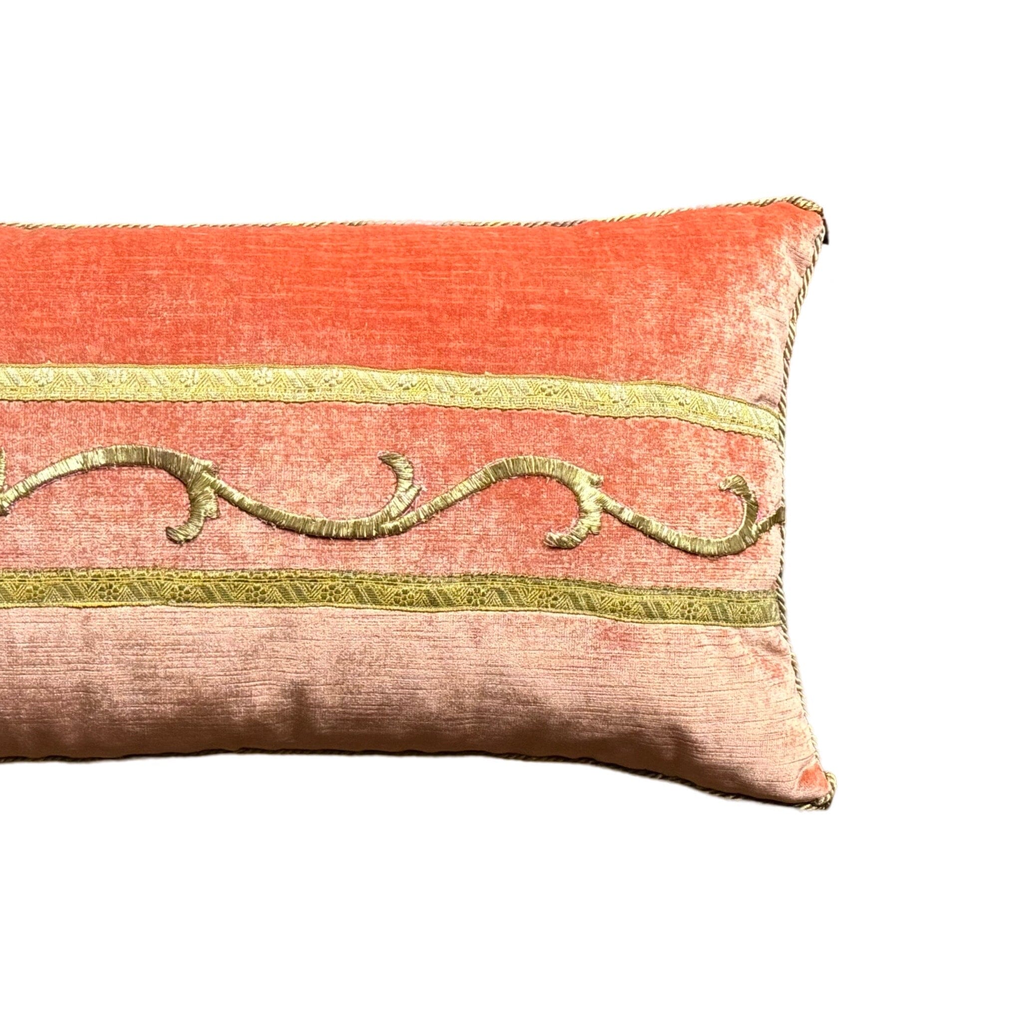 Antique Ottoman Empire Raised Gold Metallic Embroidery on Coral Velvet (#E081324 | 12 X 26") Pillow B. Viz Design